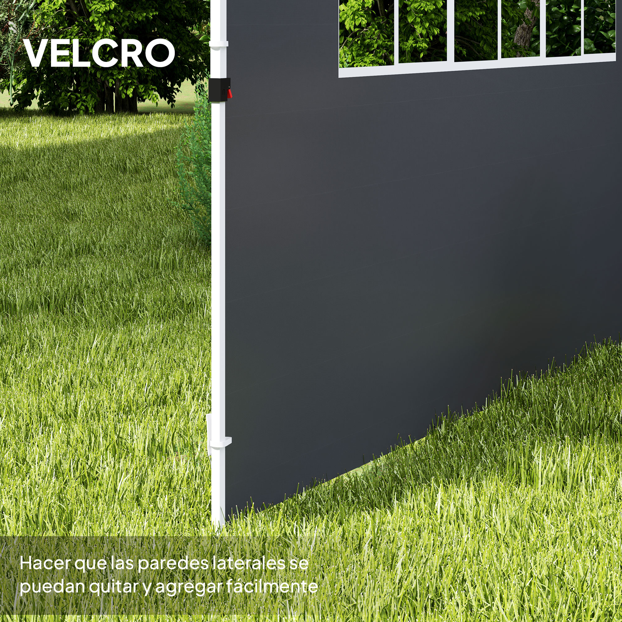 Panel de carpa gris oscuro con marco blanco sobre césped verde.