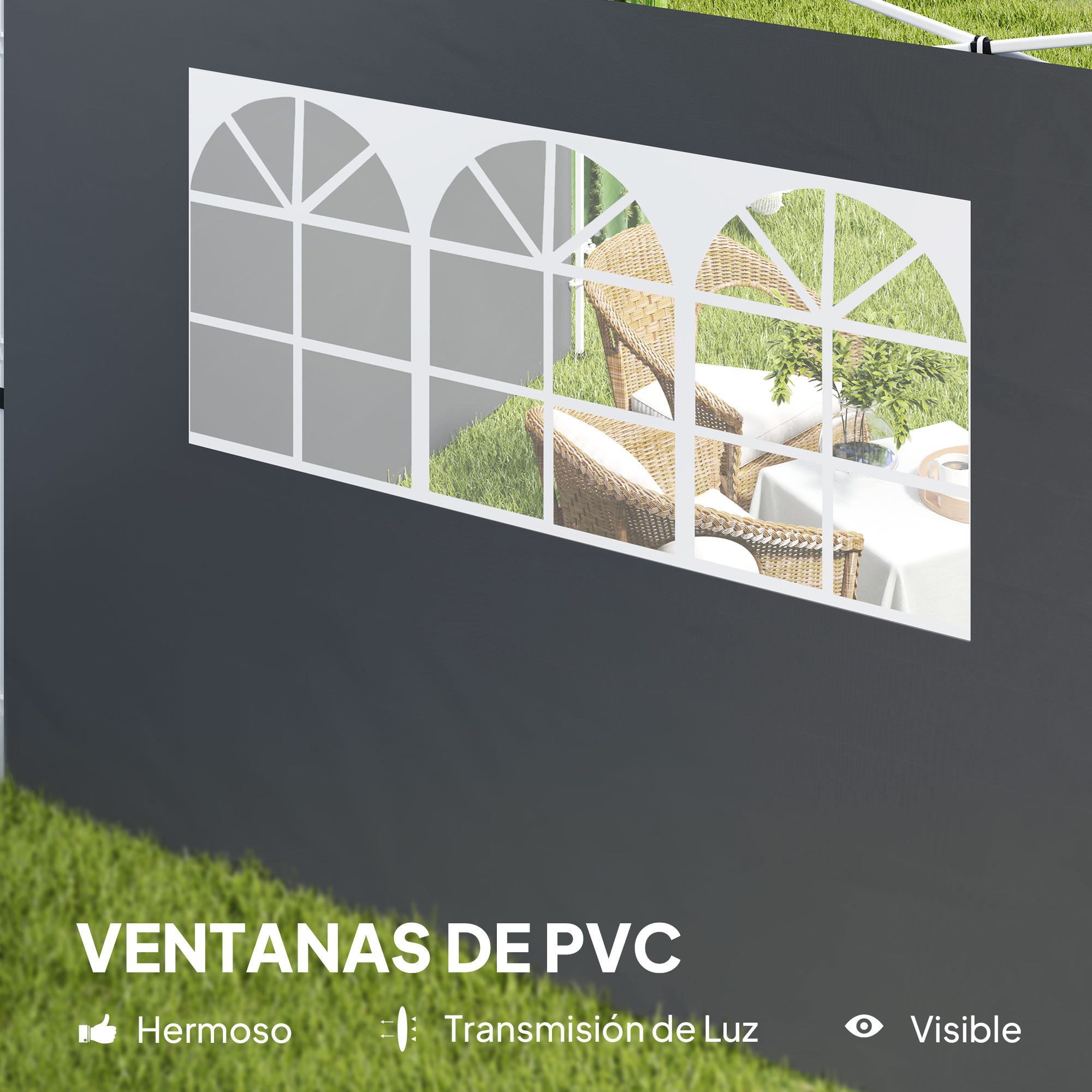 Tienda gris oscura con ventanas de PVC que dan a césped y muebles.