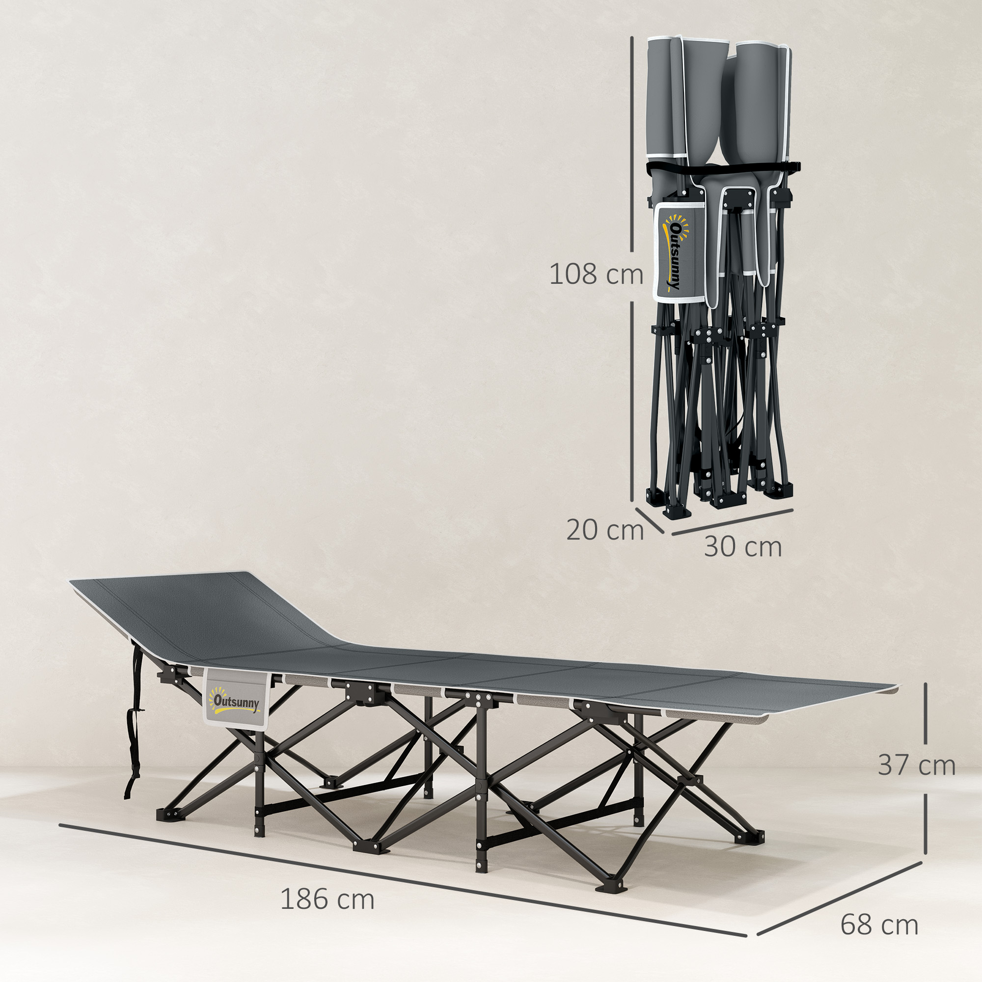 Una cama plegable gris con patas de metal negro. Se indican las dimensiones.
