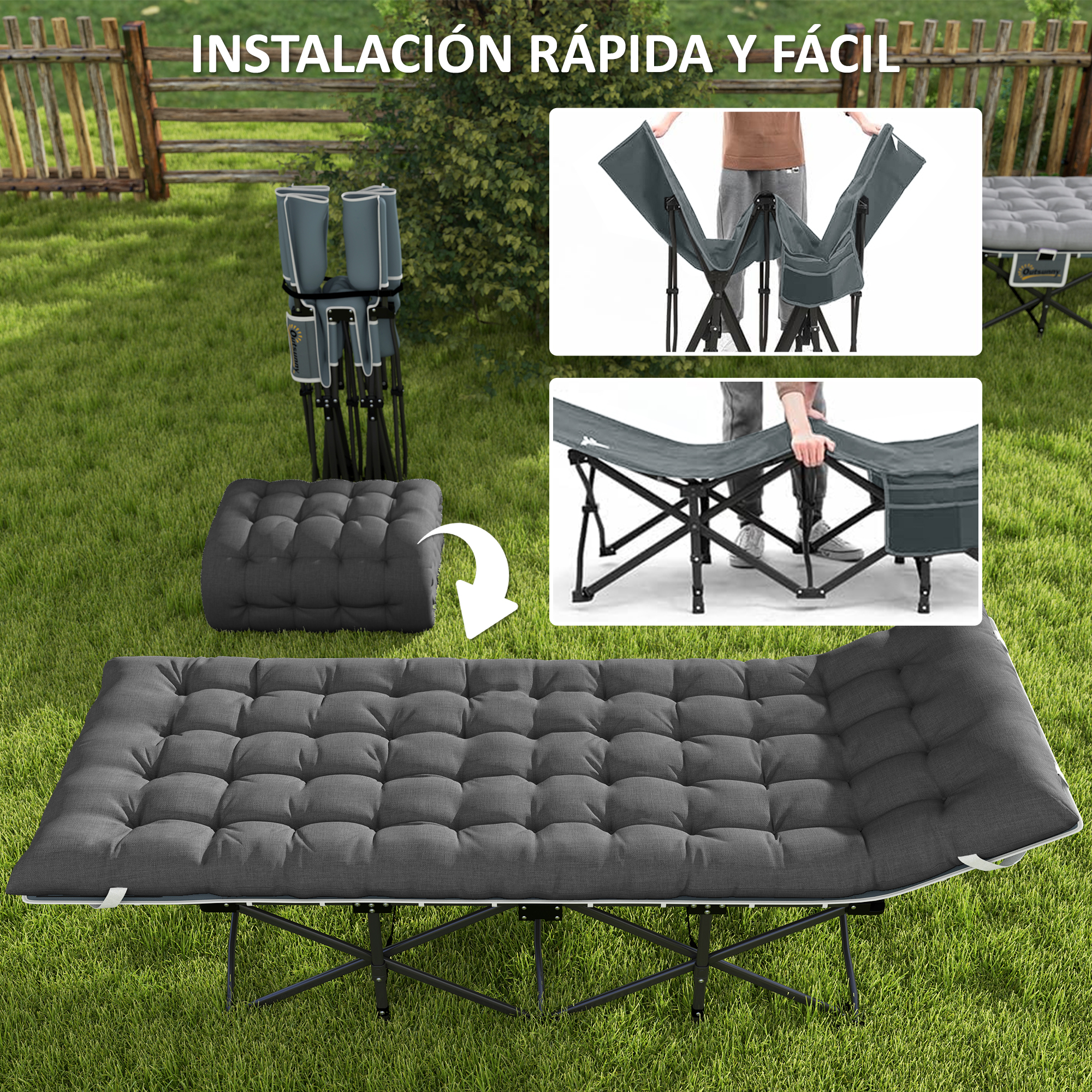 Una cama plegable con colchón y patas grises está sobre césped.