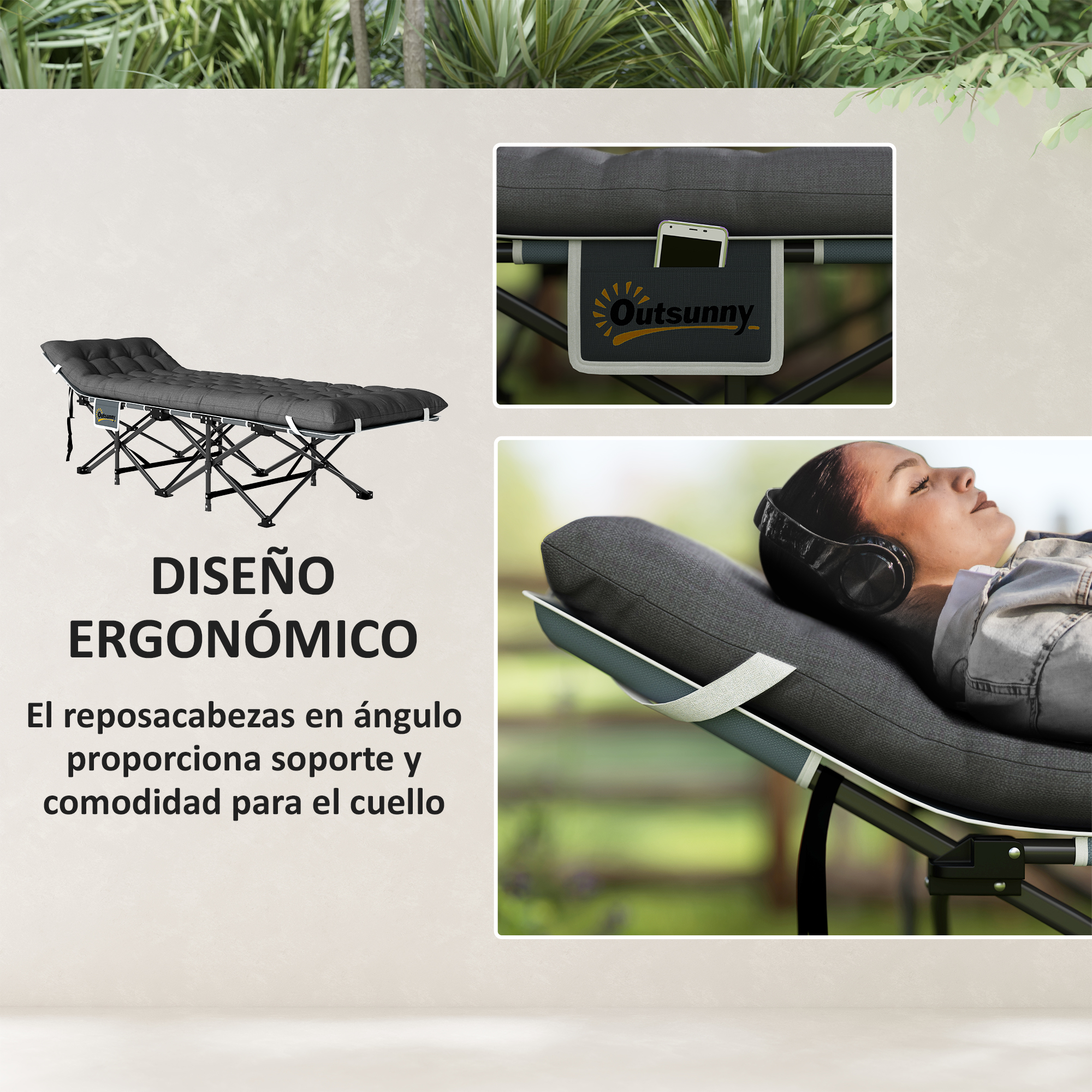 Una cama plegable gris con almohada y reposacabezas, un bolsillo para teléfono y una mujer con auriculares.