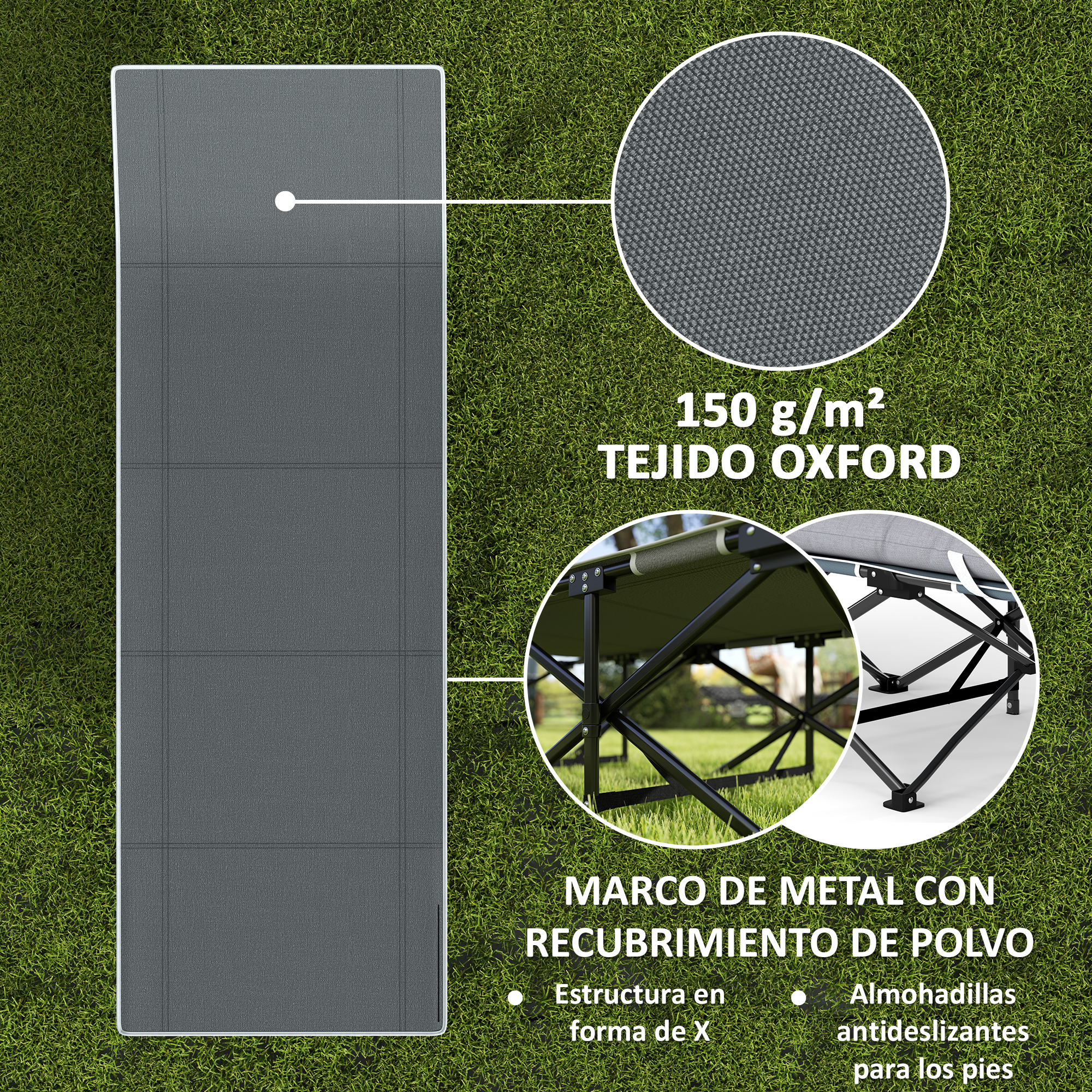 Tejido Oxford gris de 150 g/m² con marco metálico con recubrimiento.