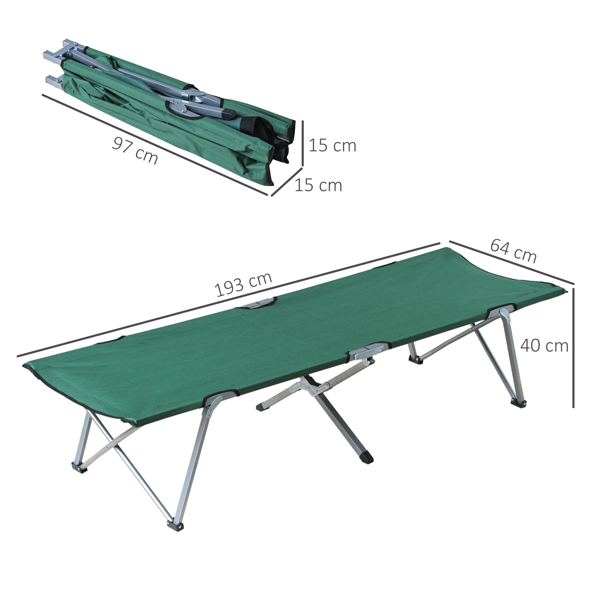 Una cama de campaña verde, desplegada, mide 193x64x40 cm. Cama plegada arriba.