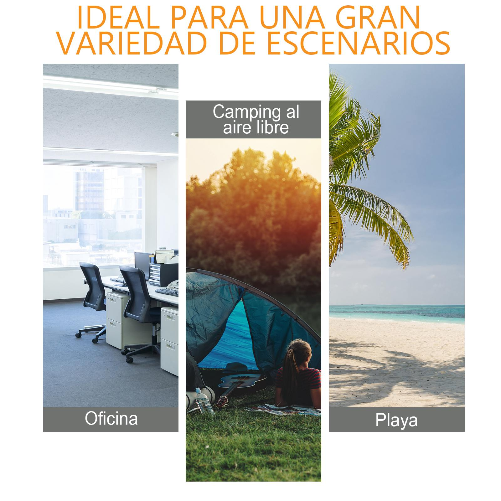 Tres imágenes juntas: oficina, tienda de campaña, playa. Ideal para muchos escenarios.