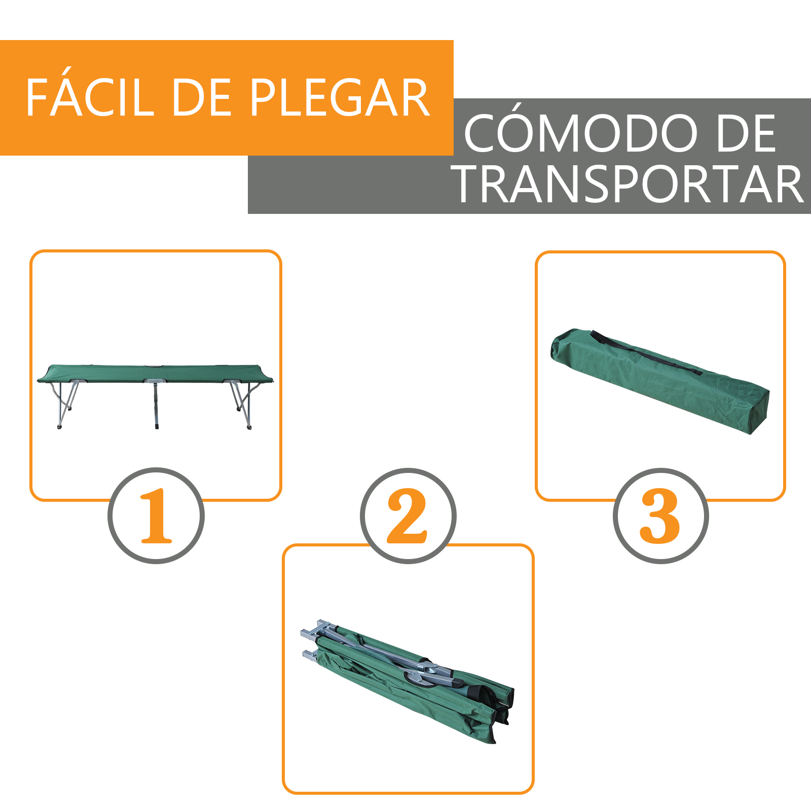 Una cama de campaña verde en tres estados: montada, plegada y en su funda.