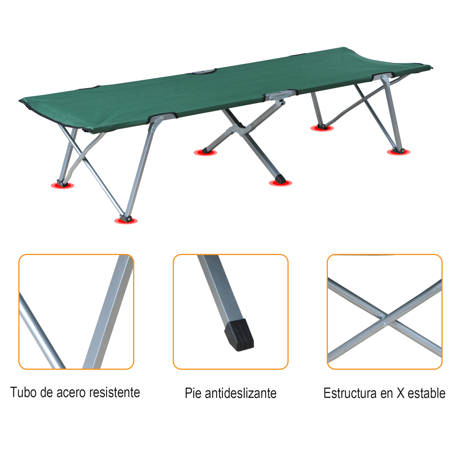 Cama de campaña verde con marco de metal plateado y patas en X. Primeros planos muestran detalles.