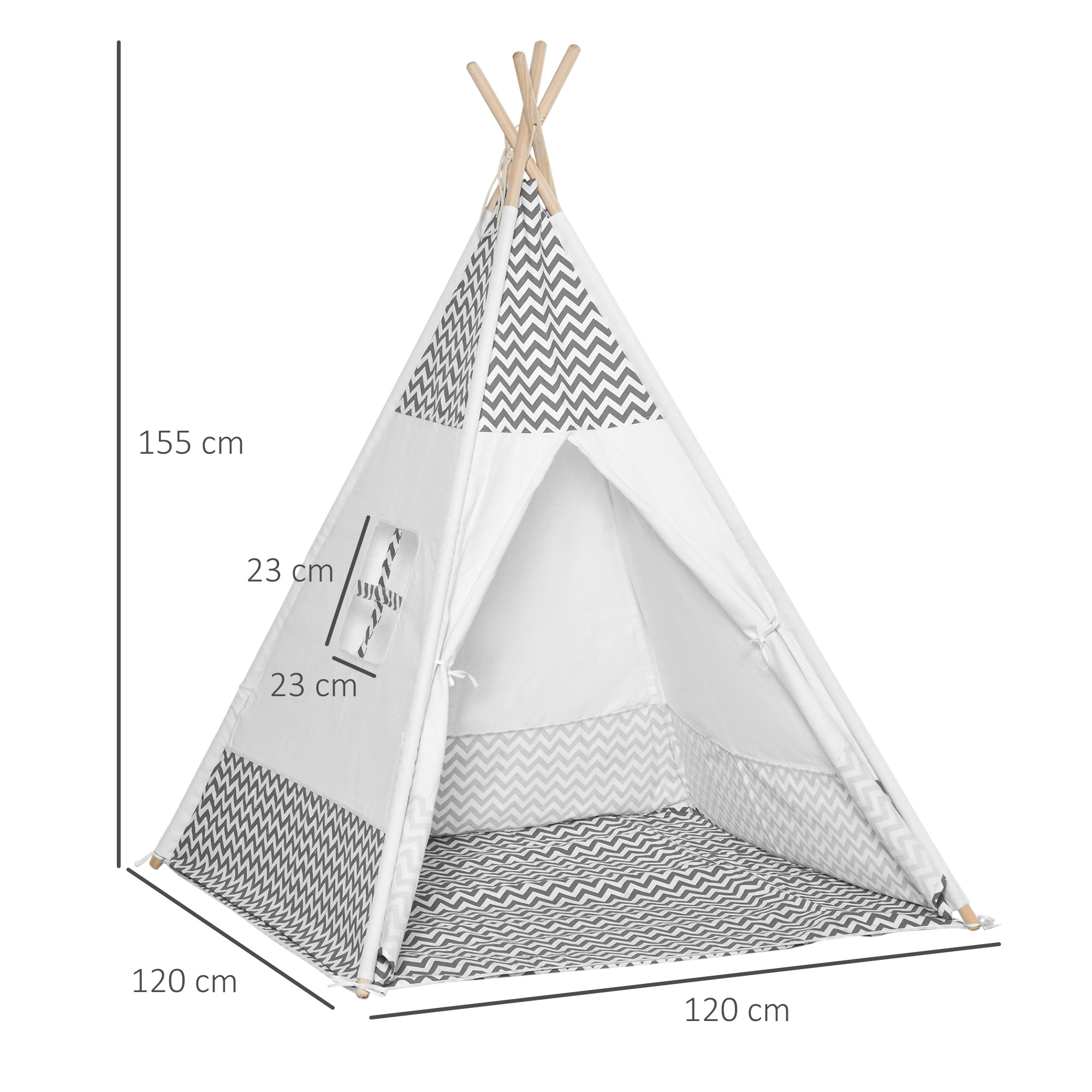 Una tienda tipi blanca con patrón de zigzag gris, dimensiones 155x120x120 cm.
