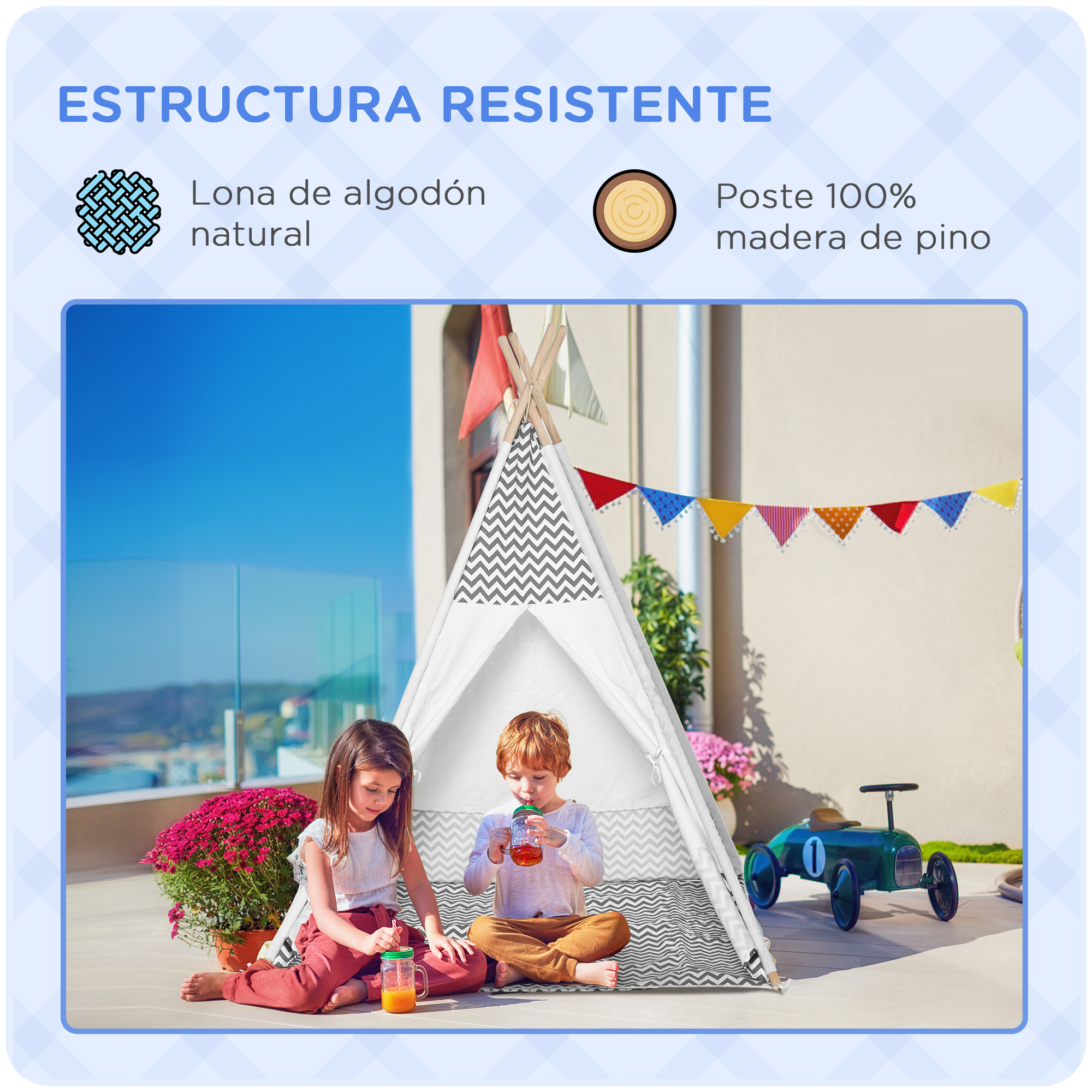 Dos niños sentados en un porche frente a un tipi. Un niño bebe de un tarro, una niña sentada a su lado.