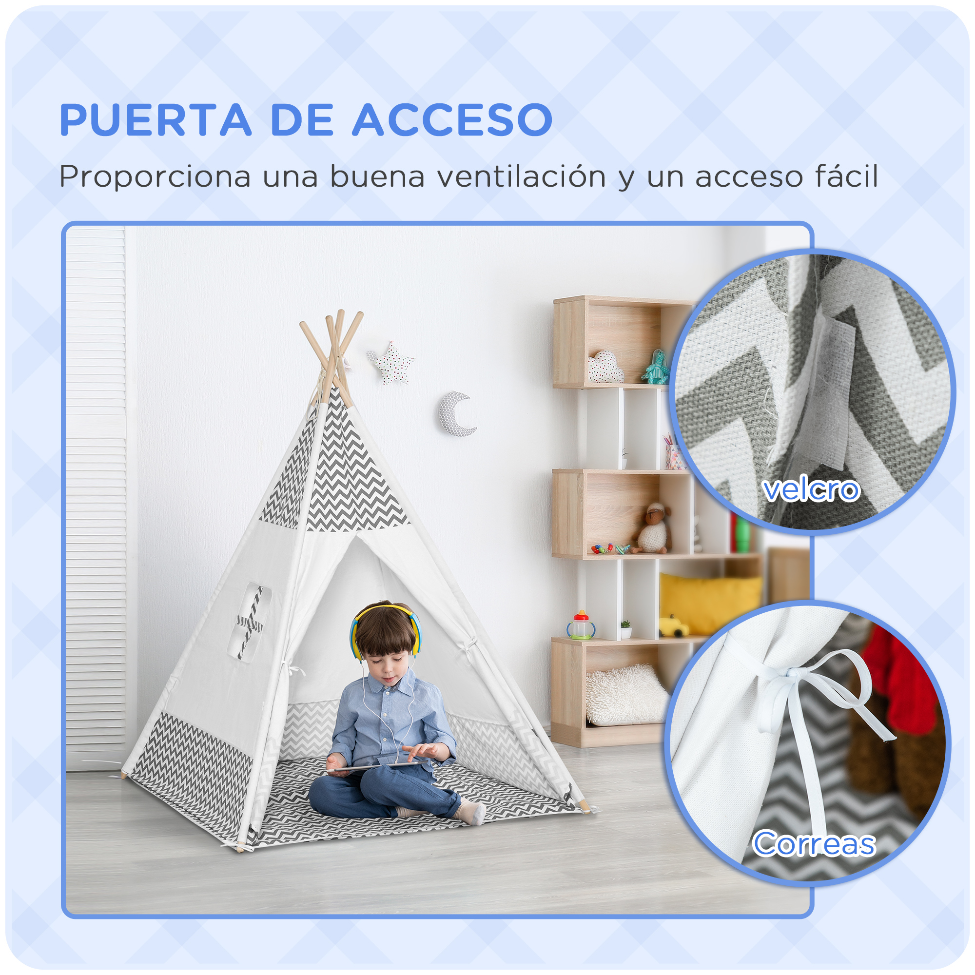Un niño se sienta en una tienda tipi jugando en una tableta. Hay estanterías detrás.
