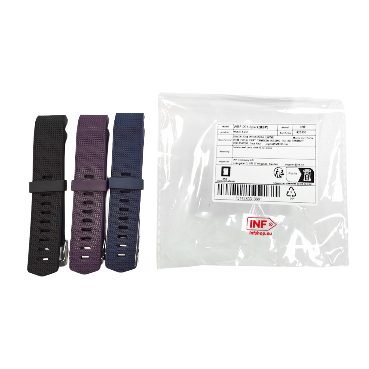 Tres correas de reloj en negro, morado y azul oscuro yacen una al lado de la otra.
