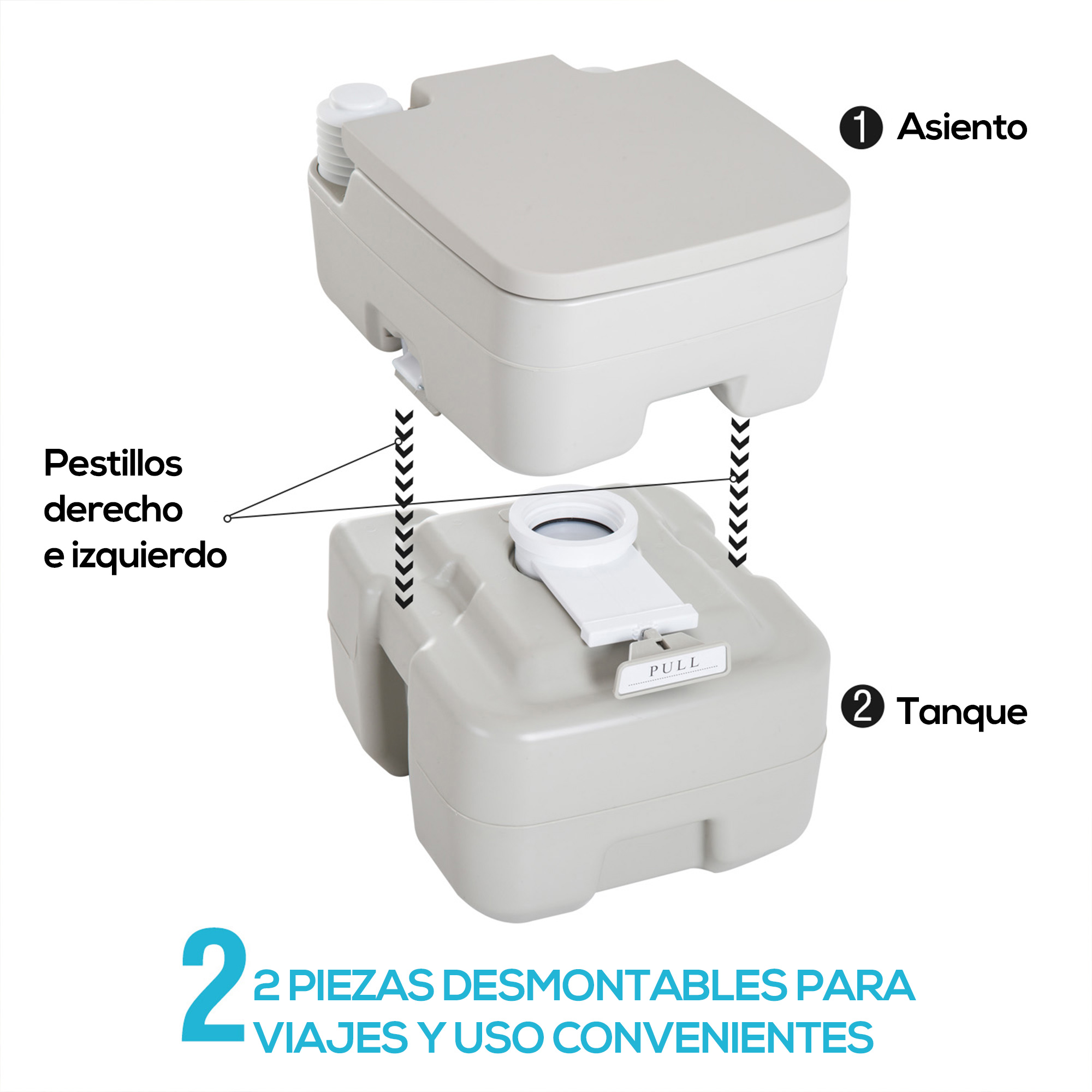 Un inodoro portátil mostrado desmontado en asiento y tanque.