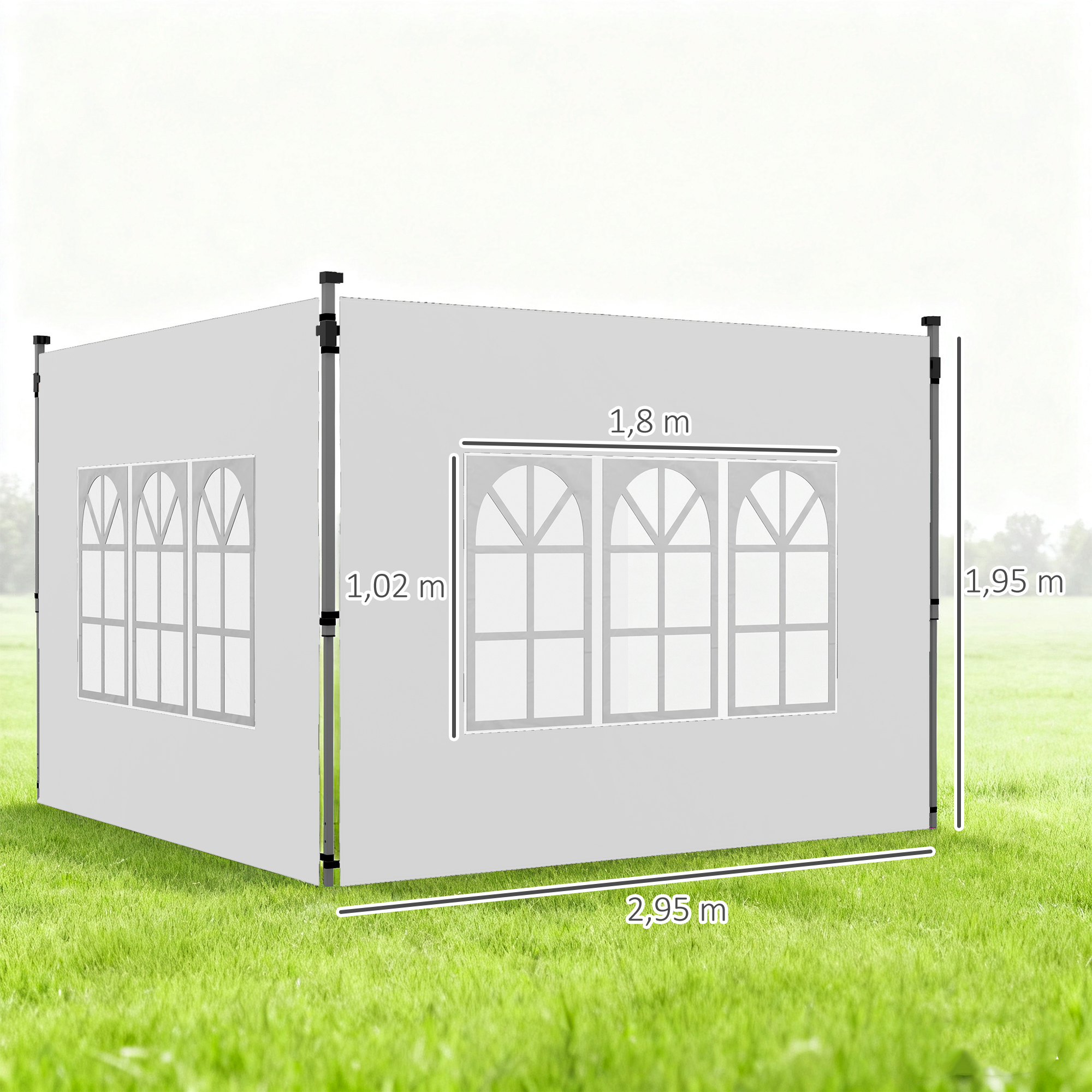 Tienda gris con ventanas, base 2,95x1,8m, altura 1,95m.