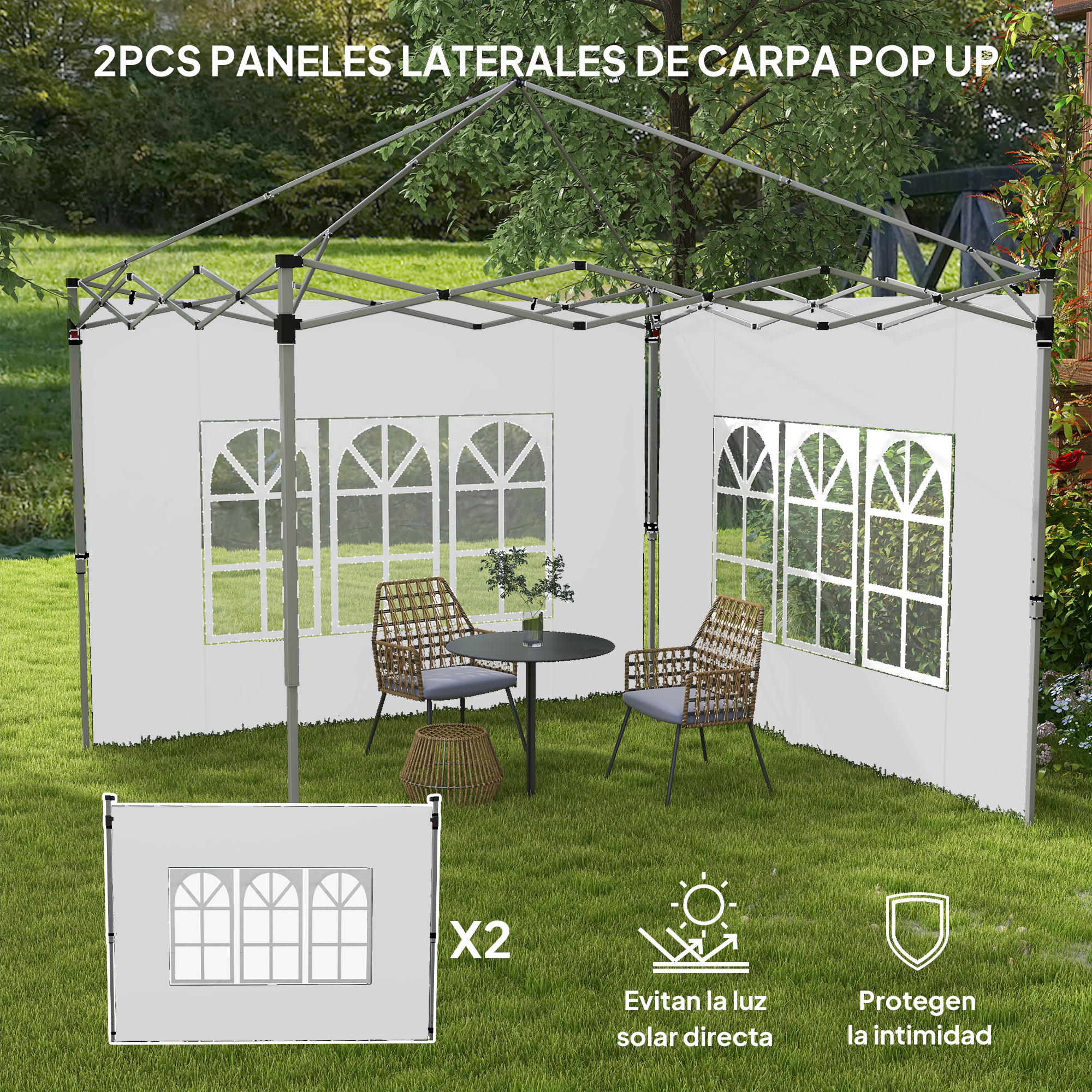 Una carpa pop-up blanca con dos paneles laterales, ventanas, mesa y sillas en un jardwn.