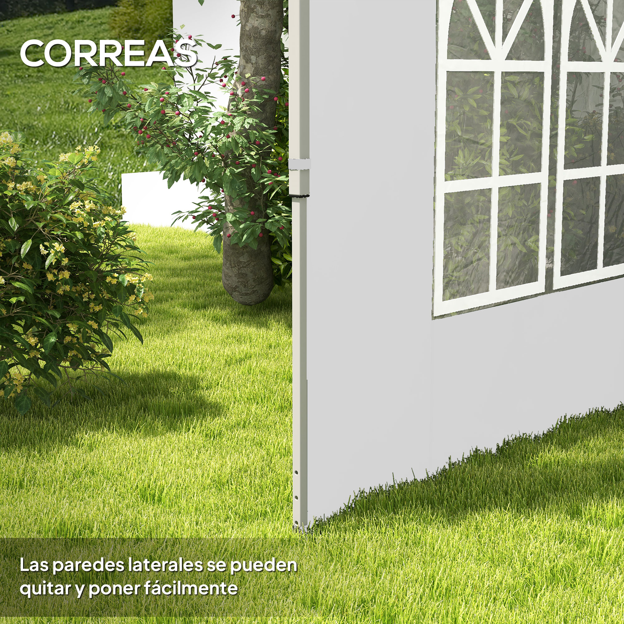 Una pared blanca de carpa con ventanas se alza sobre el césped junto a un árbol y arbustos.