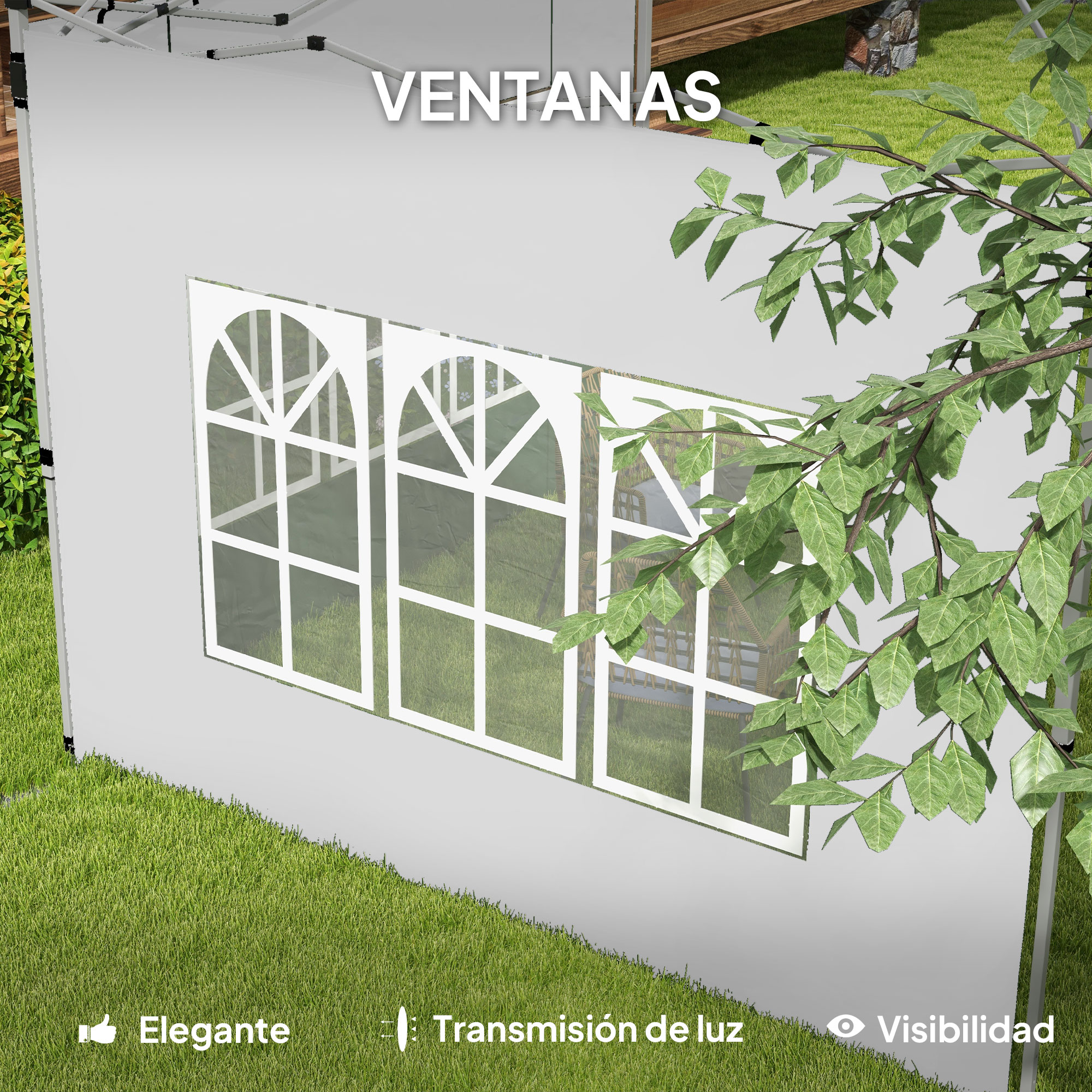 Una pared blanca de carpa con ventanas, rodeada de césped y hojas.