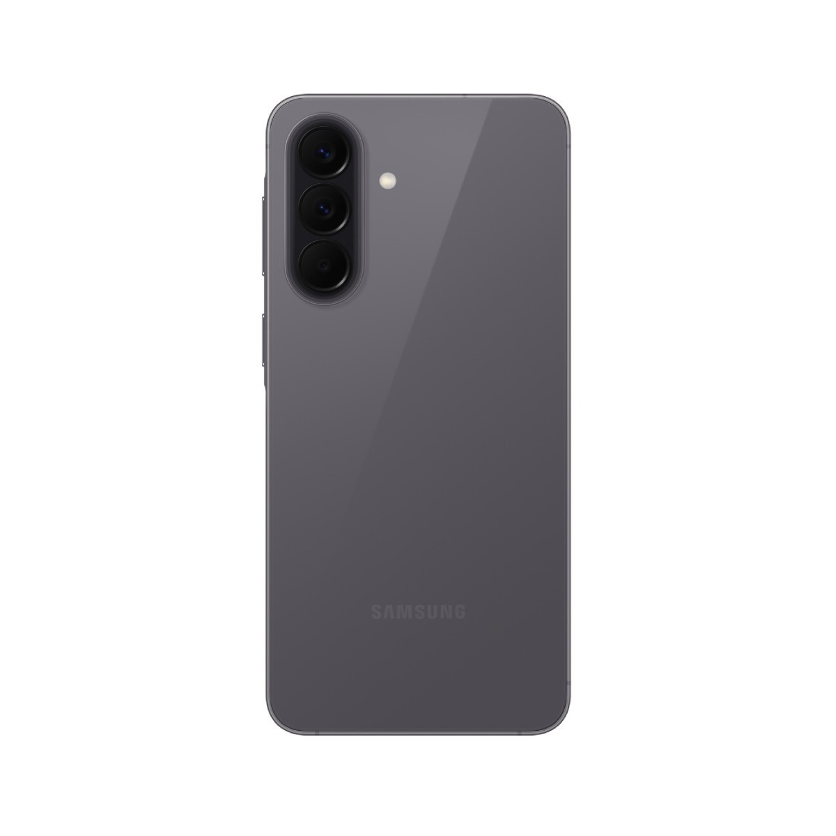 Parte trasera de un smartphone gris con tres cámaras y logo Samsung.