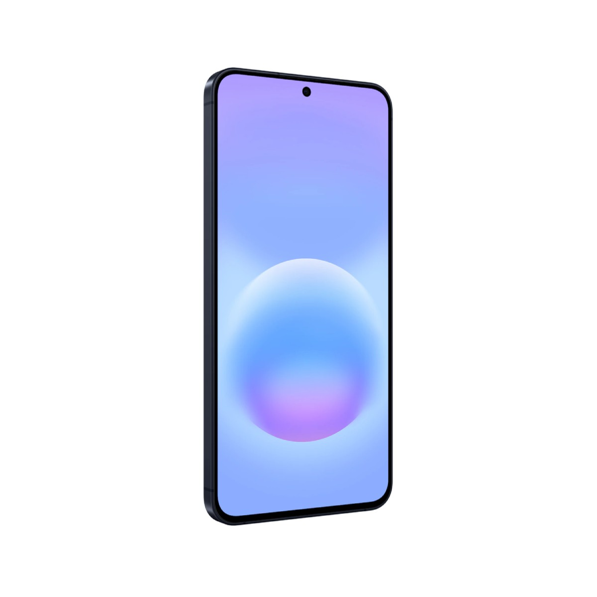 Czarny smartfon z niebiesko-fioletowym abstrakcyjnym tłem.