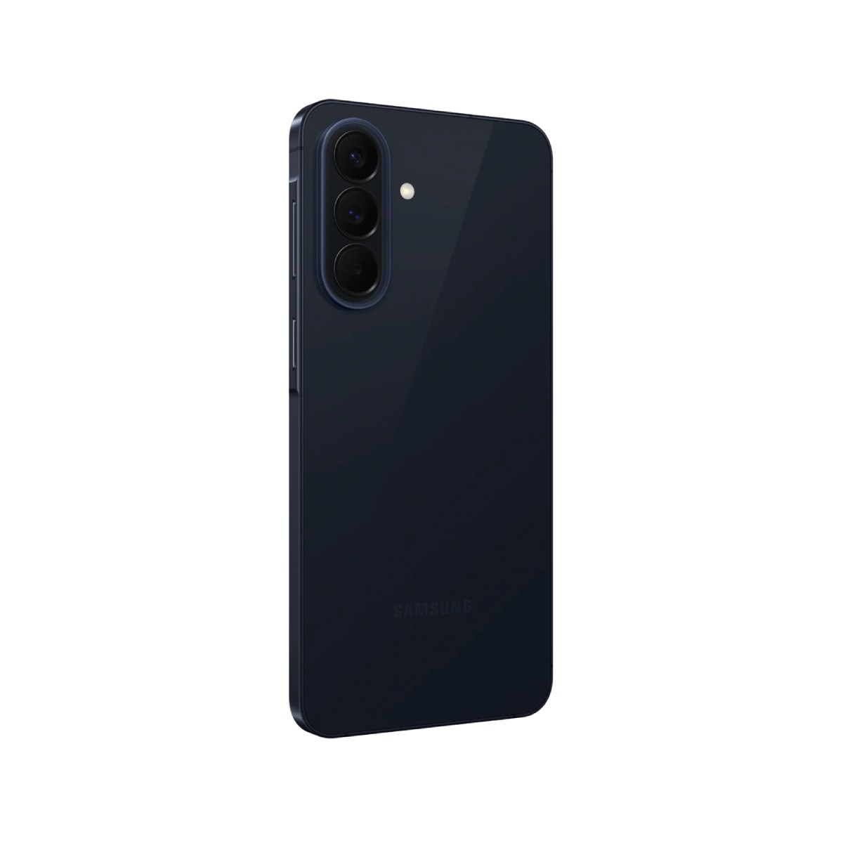Ciemnoniebieski smartfon z trzema tylnymi aparatami i lampą błyskową. Widoczne logo Samsung.