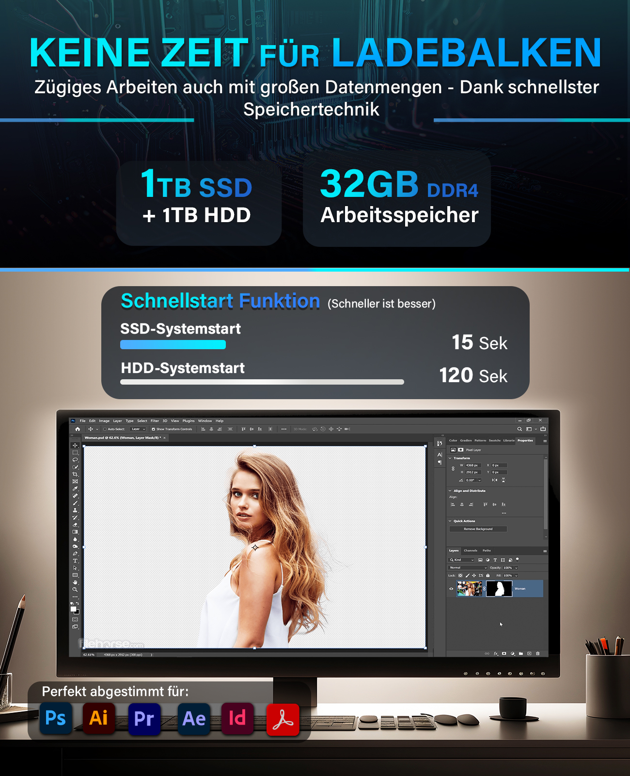Monitor komputera wyświetlający Photoshop z kobietą i narzędziami edycyjnymi. Specyfikacje: 1TB SSD + 1TB HDD, 32GB DDR4.