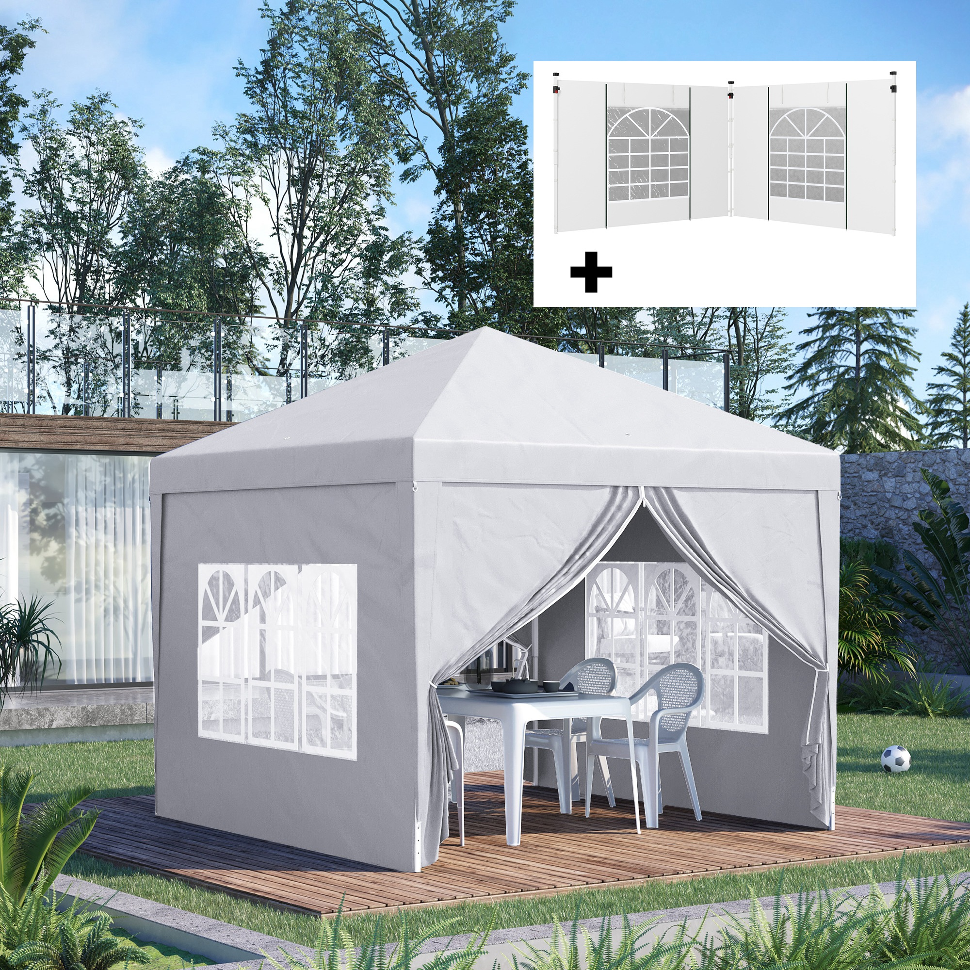 Gazebo gris con mesa y sillas en terraza de madera, balón en césped.