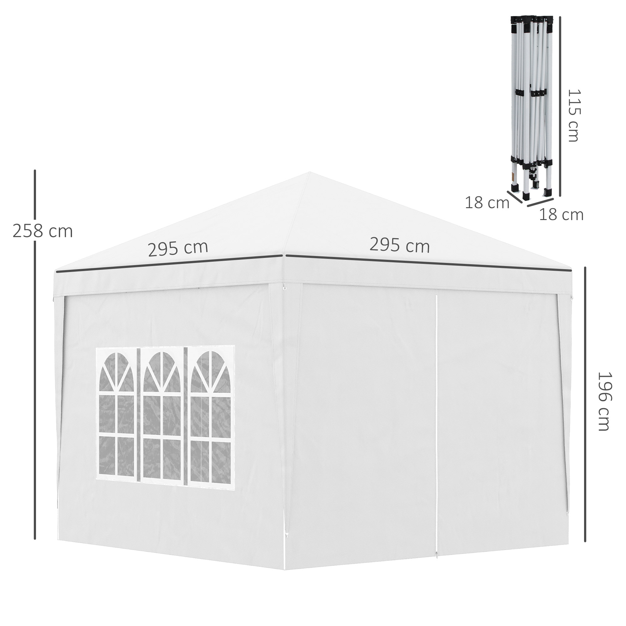 Una carpa blanca con ventanas y dimensiones. Una estructura plegada al lado.
