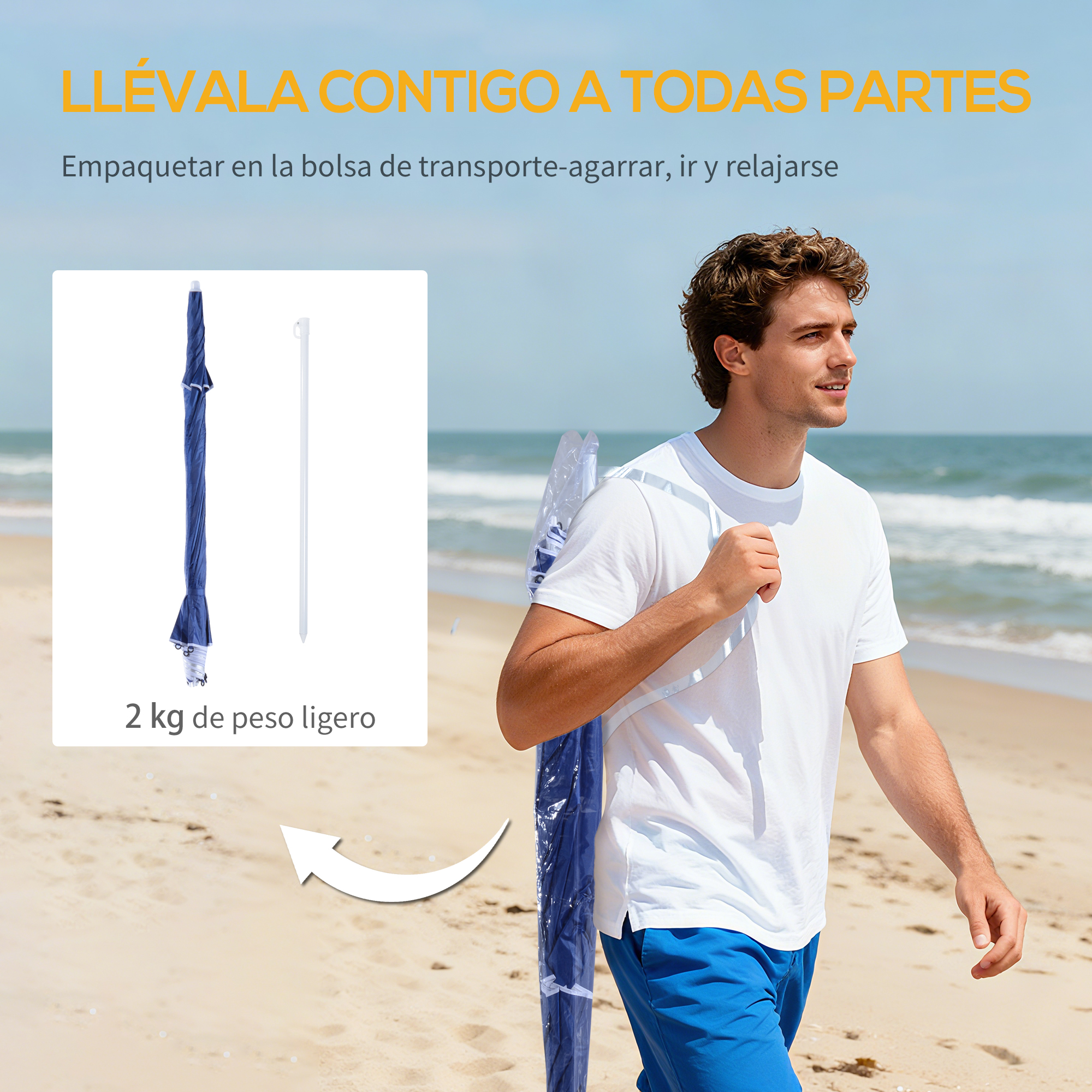 Un hombre lleva un paraguas azul en la playa. Ligero 2 kg.