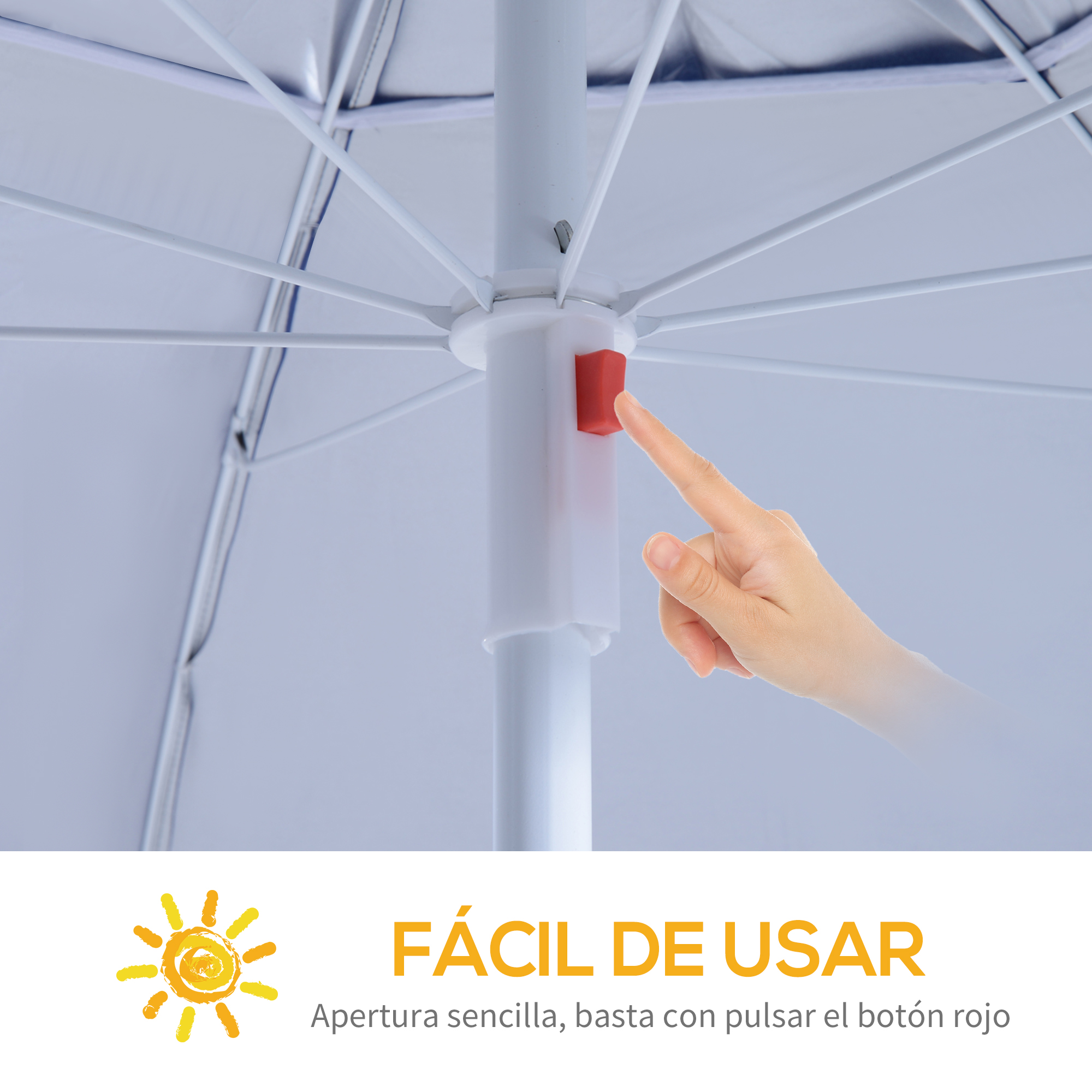 Una mano presiona un botón rojo en la estructura del paraguas.