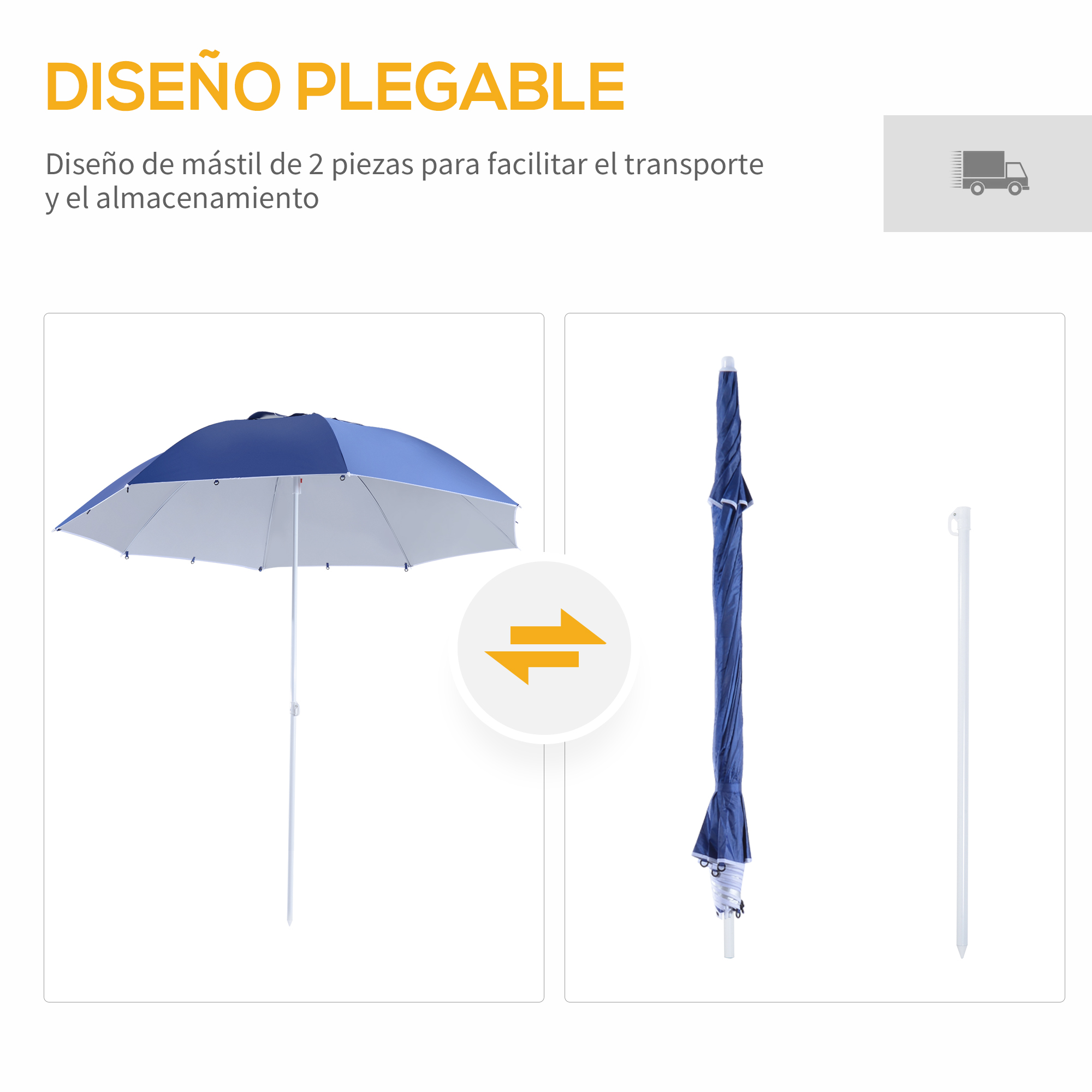 Un paraguas azul y blanco, abierto y cerrado, con un palo.