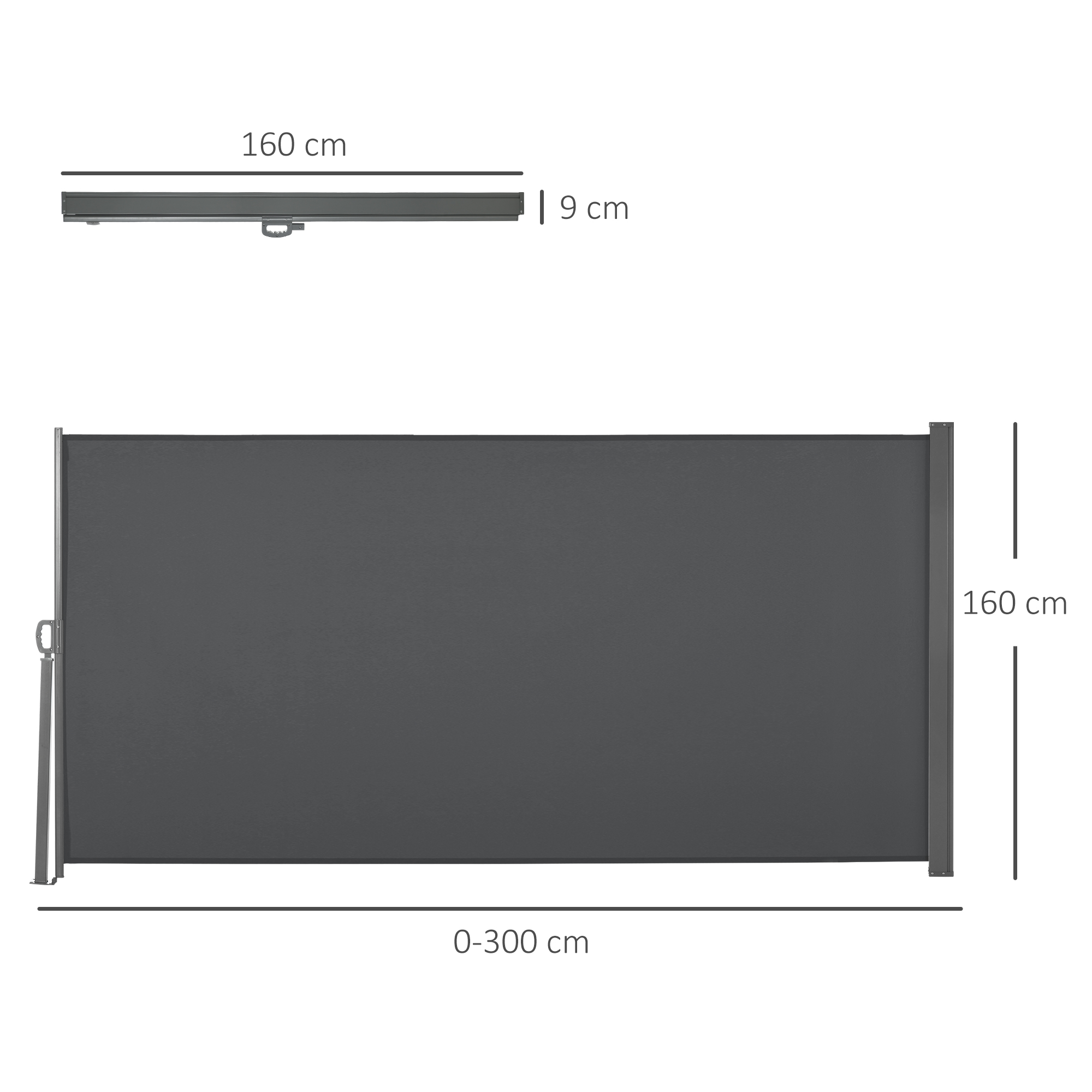 Un toldo retráctil gris de 160 cm de alto, 9 cm de profundidad y 0-300 cm de ancho.
