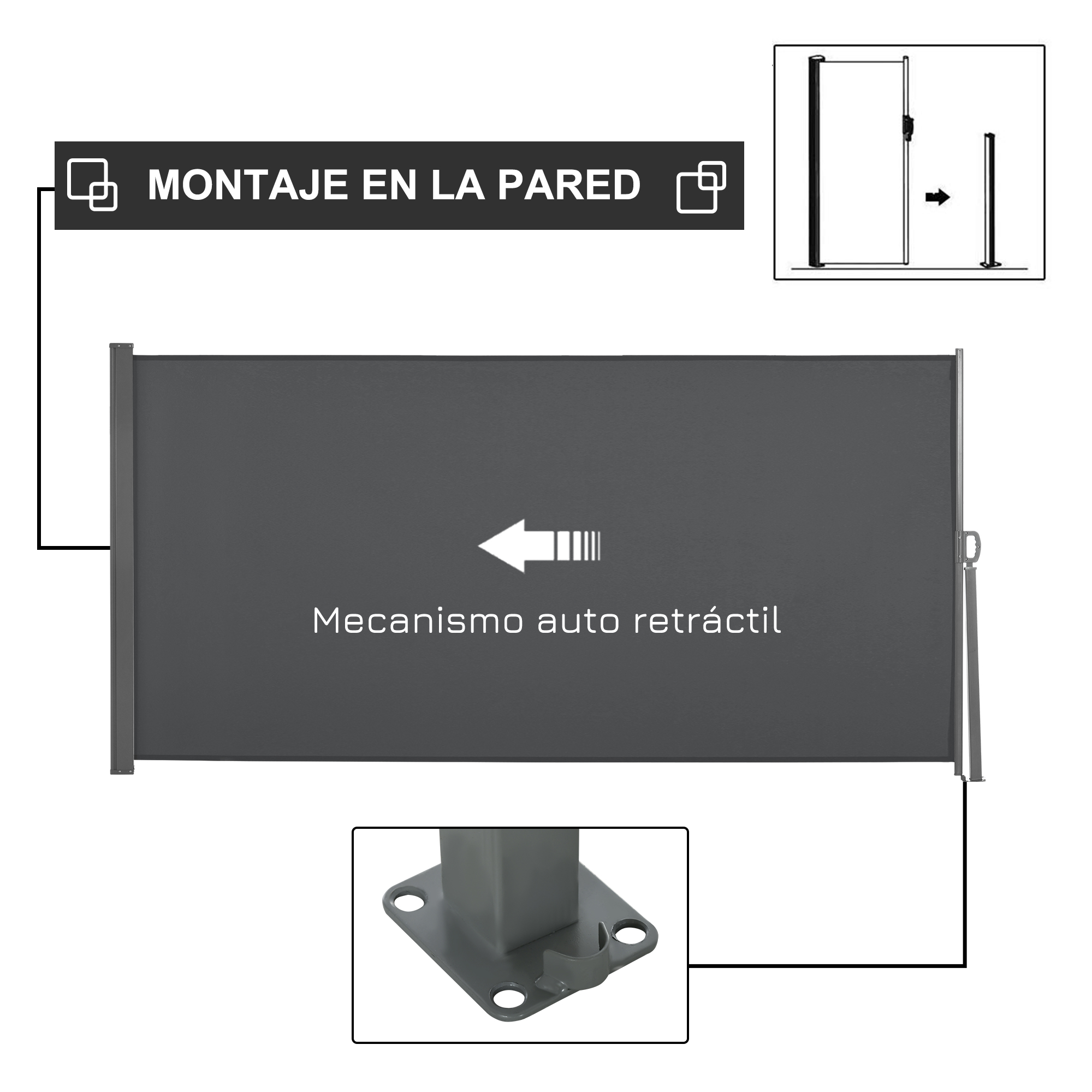 Cortavientos de pared retráctil gris con flecha y texto.