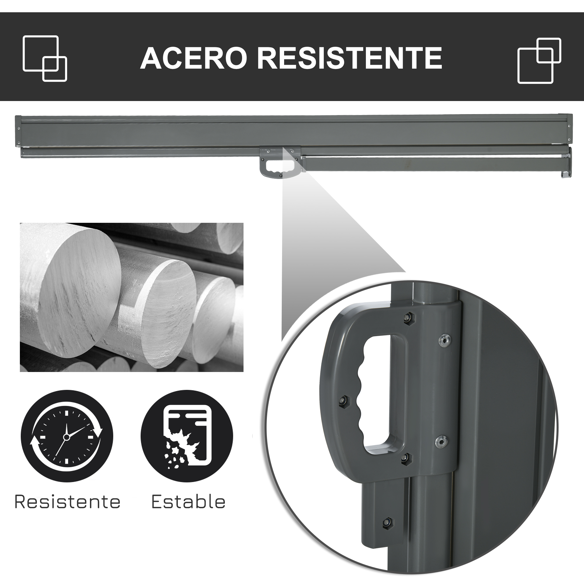 Estructura de toldo de metal gris con asa y barras de metal apiladas.