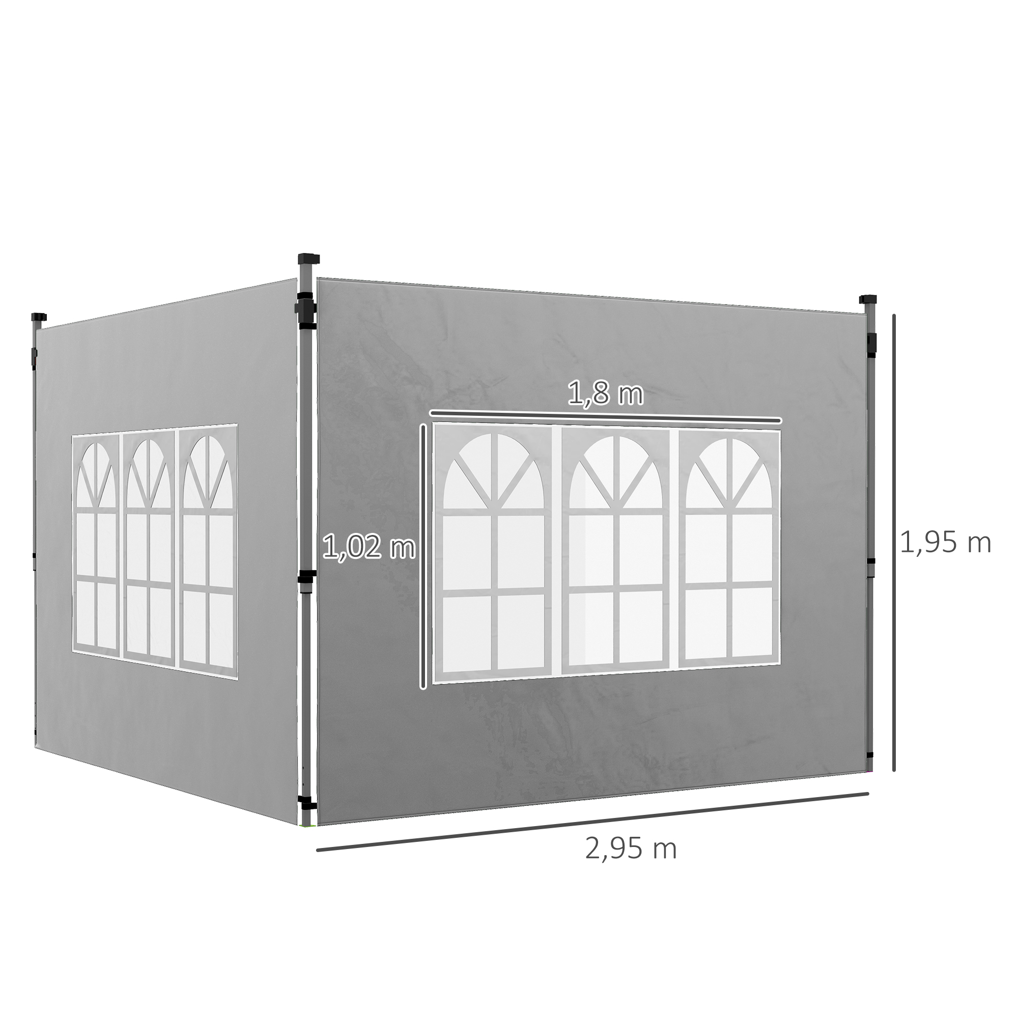 Tienda gris con ventanas y dimensiones. Largo 2,95 m, alto 1,95 m.