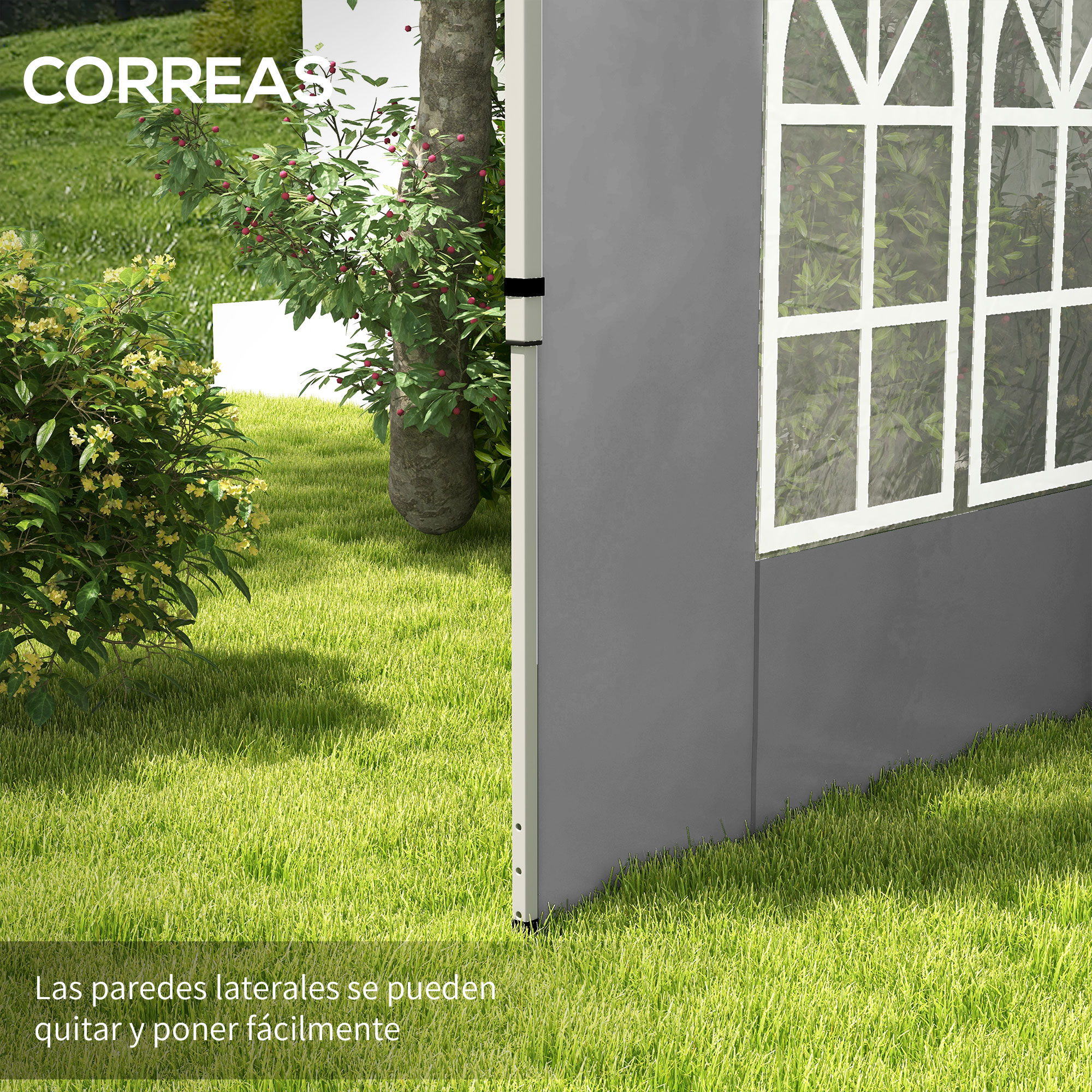 Una carpa con ventanas se alza sobre césped verde junto a árboles y arbustos.