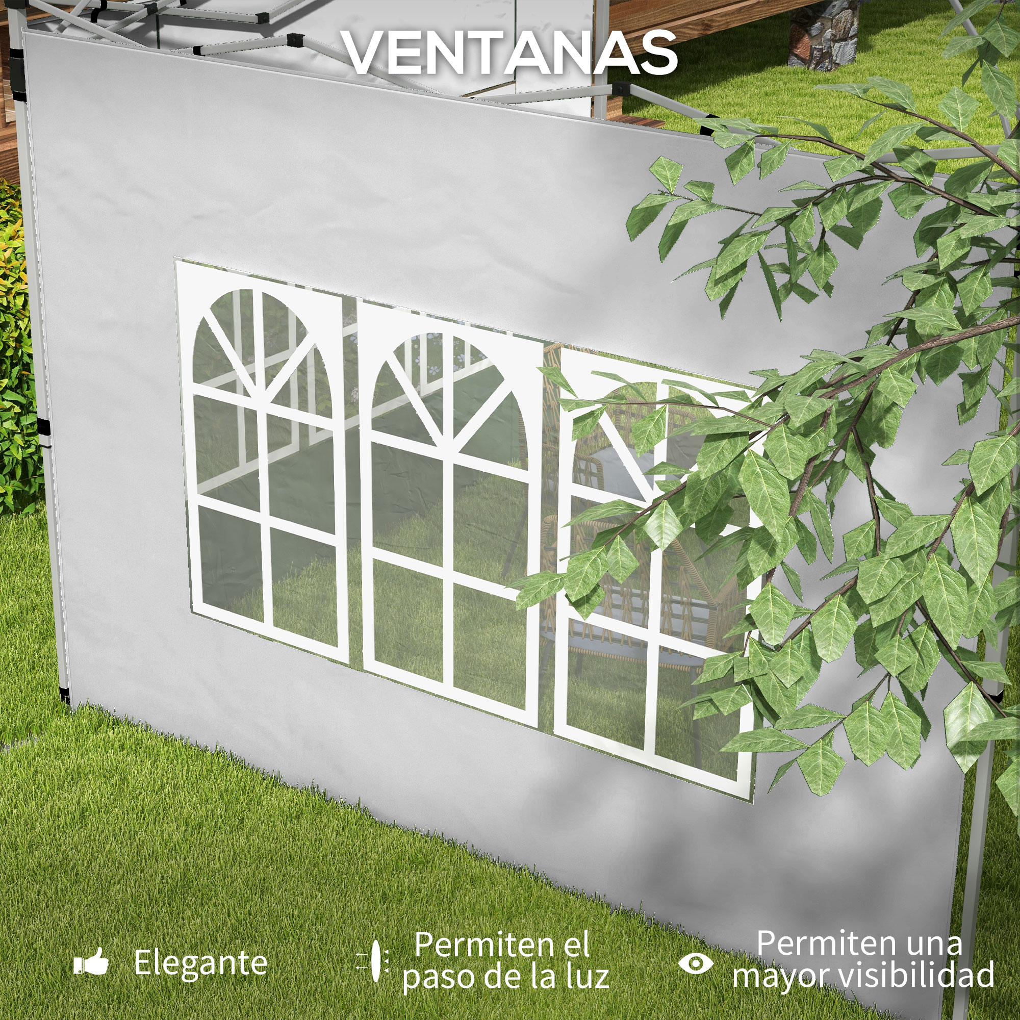 Una carpa blanca con ventanas, césped y hojas verdes.
