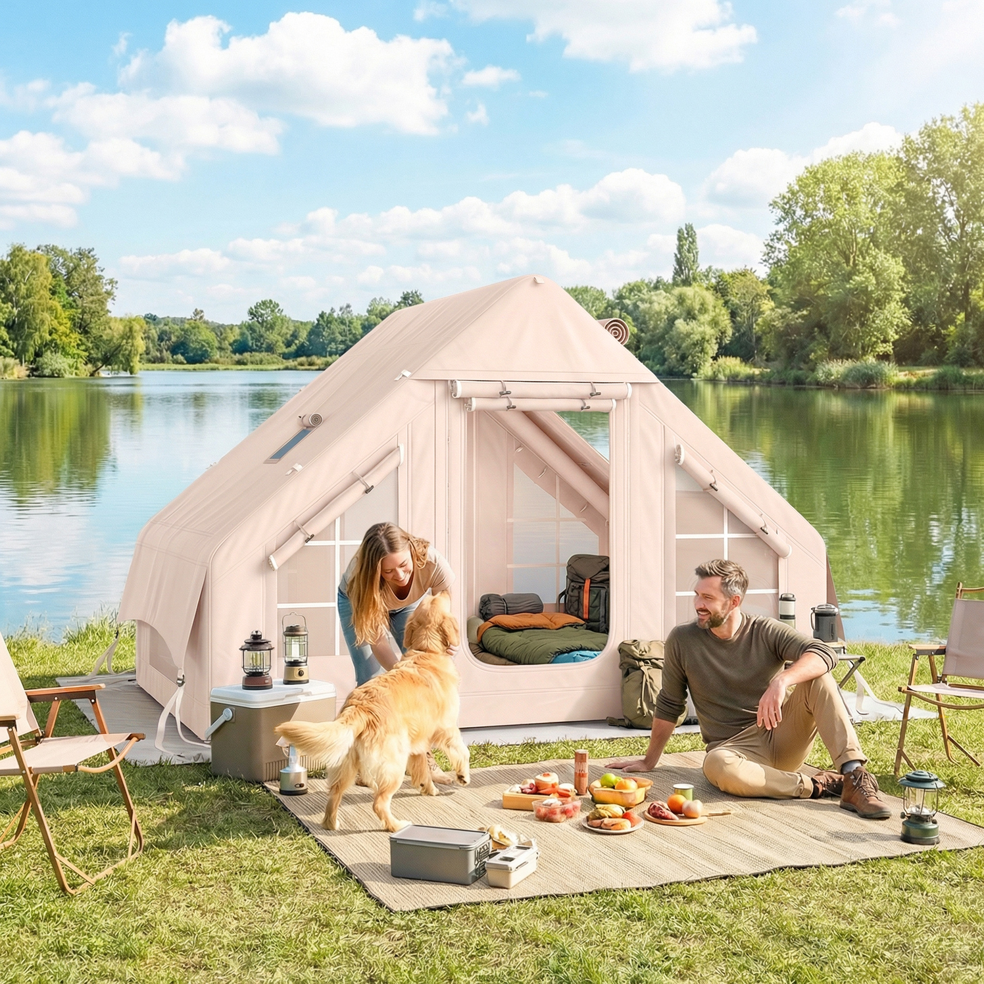 Una pareja y un perro acampando junto a un lago con una gran tienda, picnic y sillas.