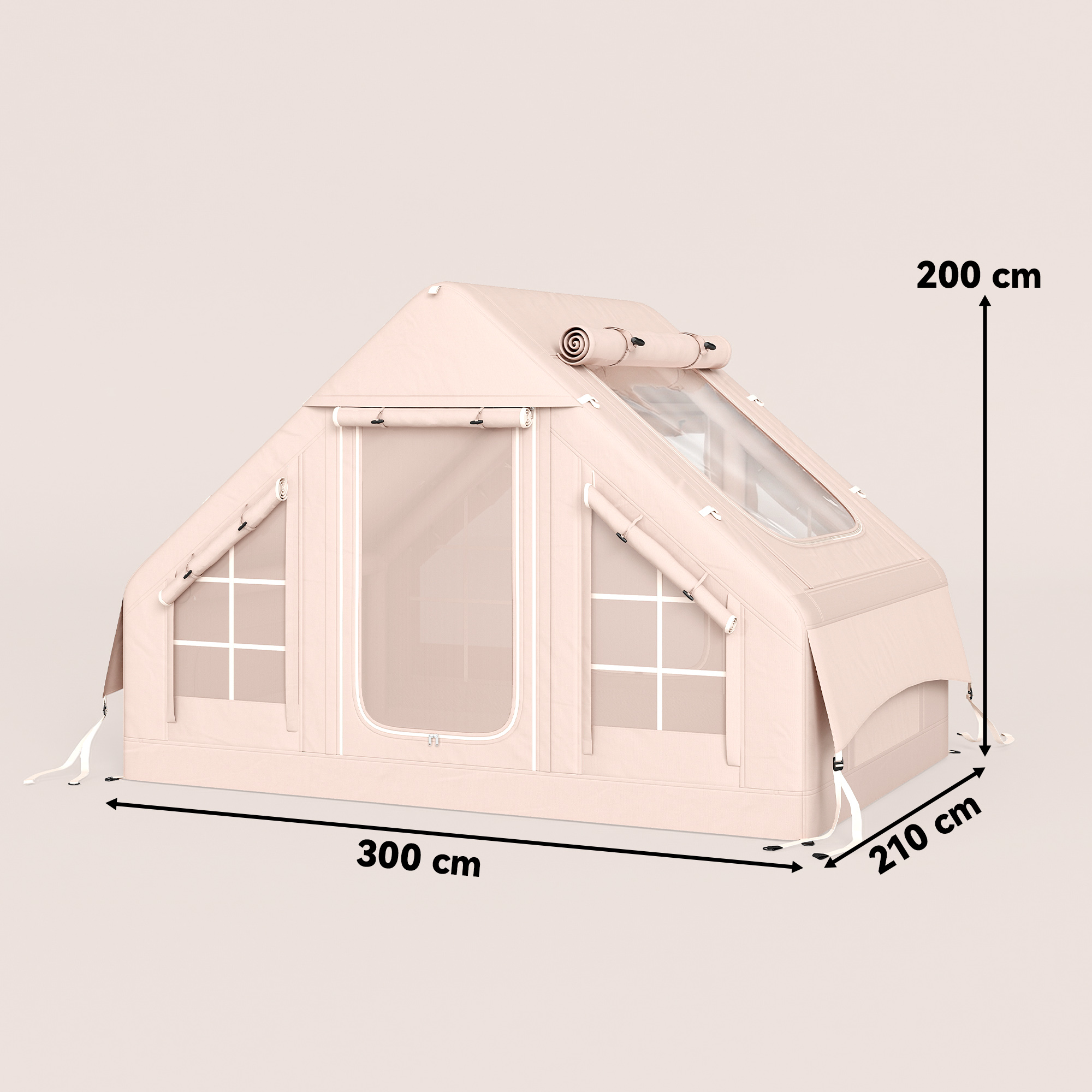 Una tienda de campaña inflable beige claro con ventanas y cubiertas enrollables. Dimensiones: 300x210x200 cm.