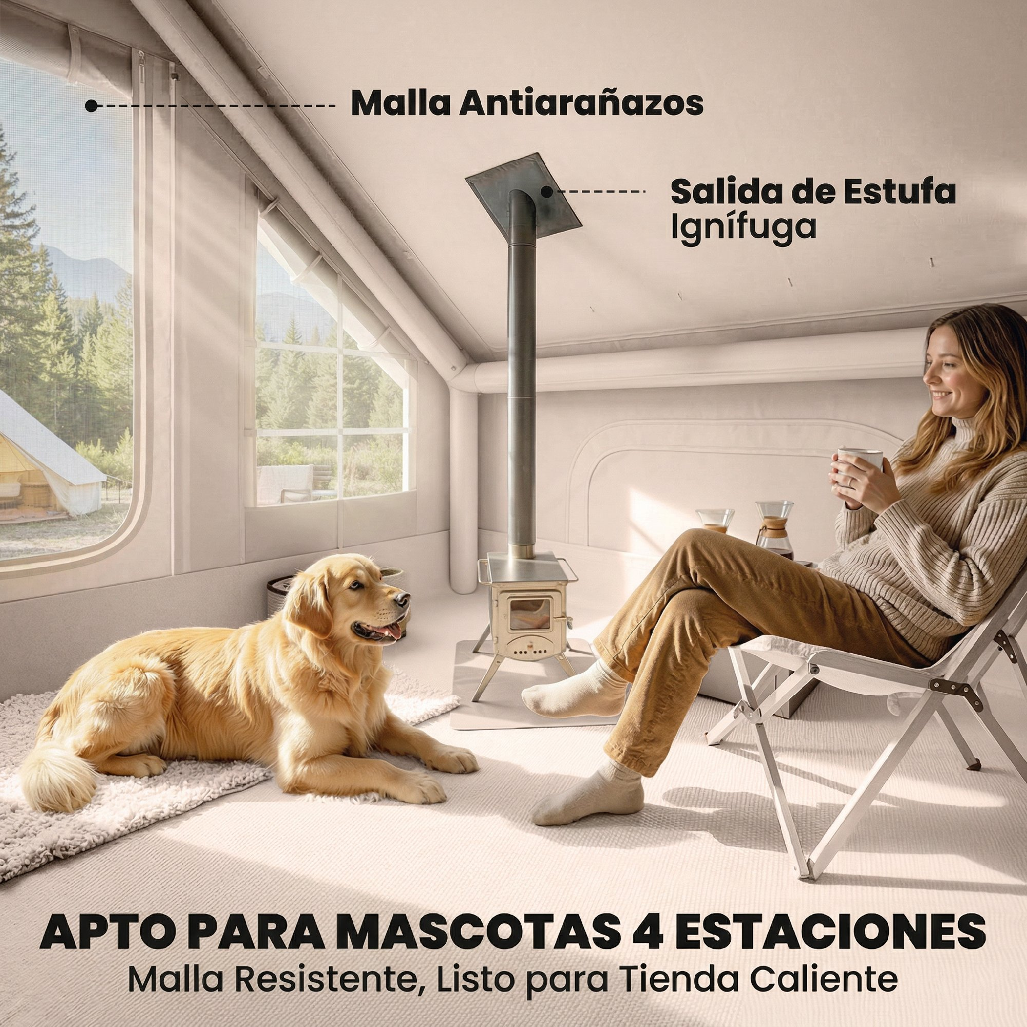 Un perro descansa en una alfombra dentro de una tienda, una mujer se sienta en una silla bebiendo café.