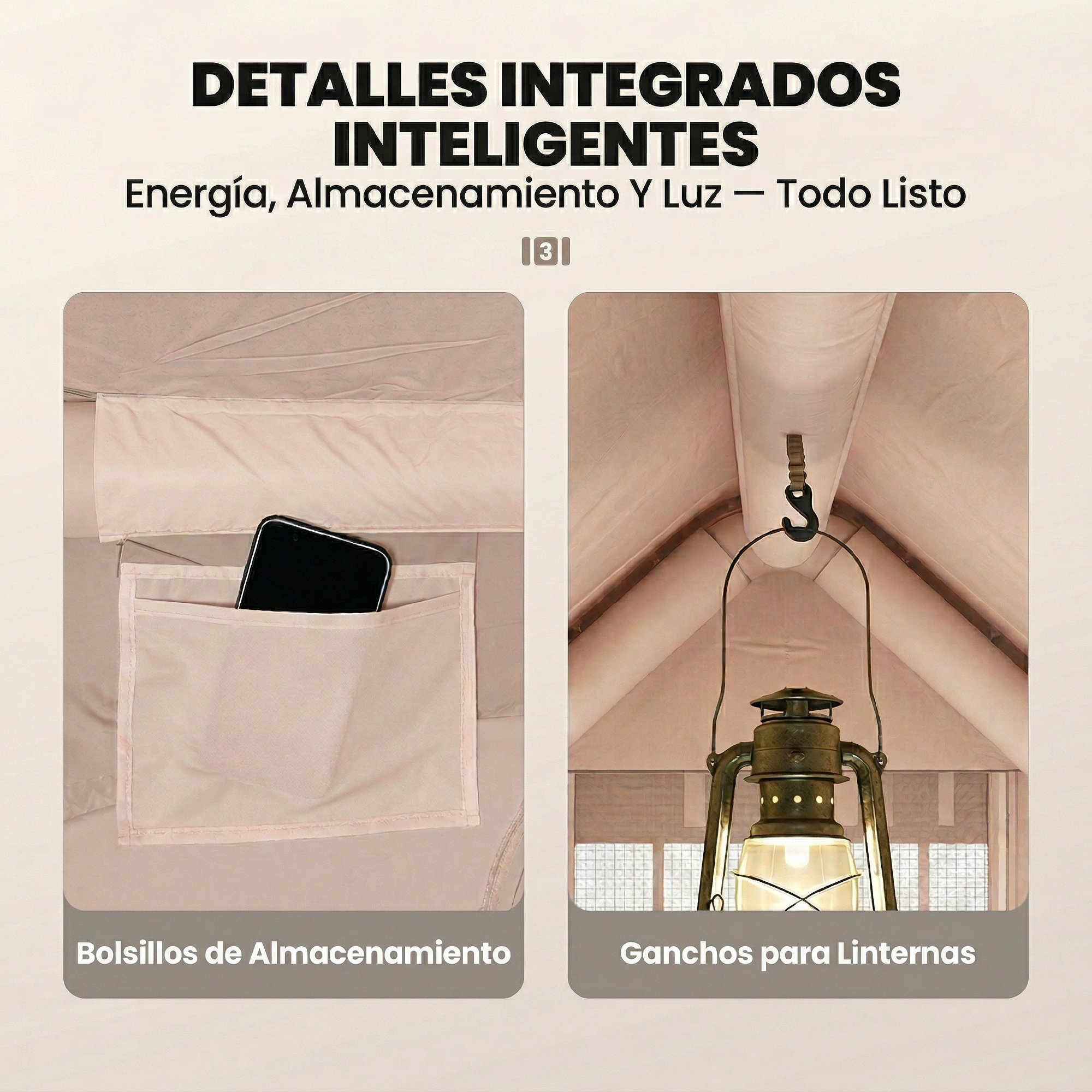 Dos imágenes: teléfono en bolsillo, linterna colgando.