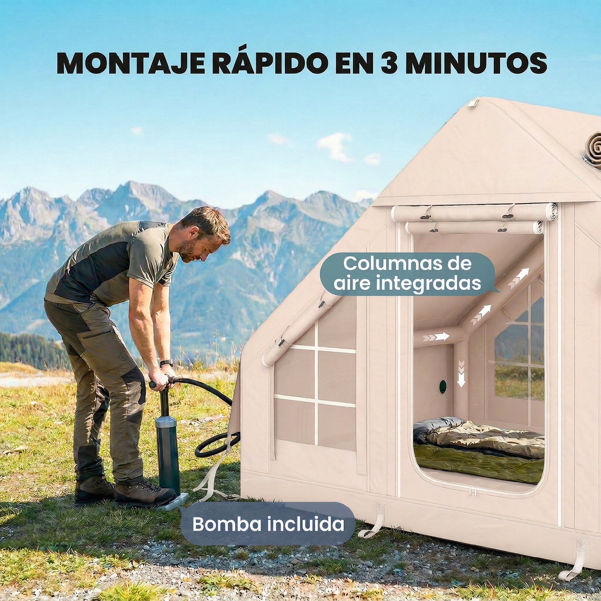 Hombre infla una tienda de campaña beige, paisaje montañoso.