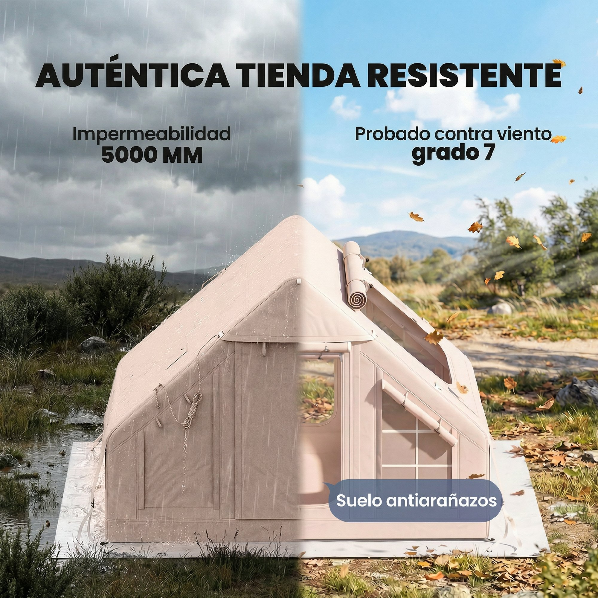 Tienda de campaña bajo lluvia y viento. Impermeable y resistente.
