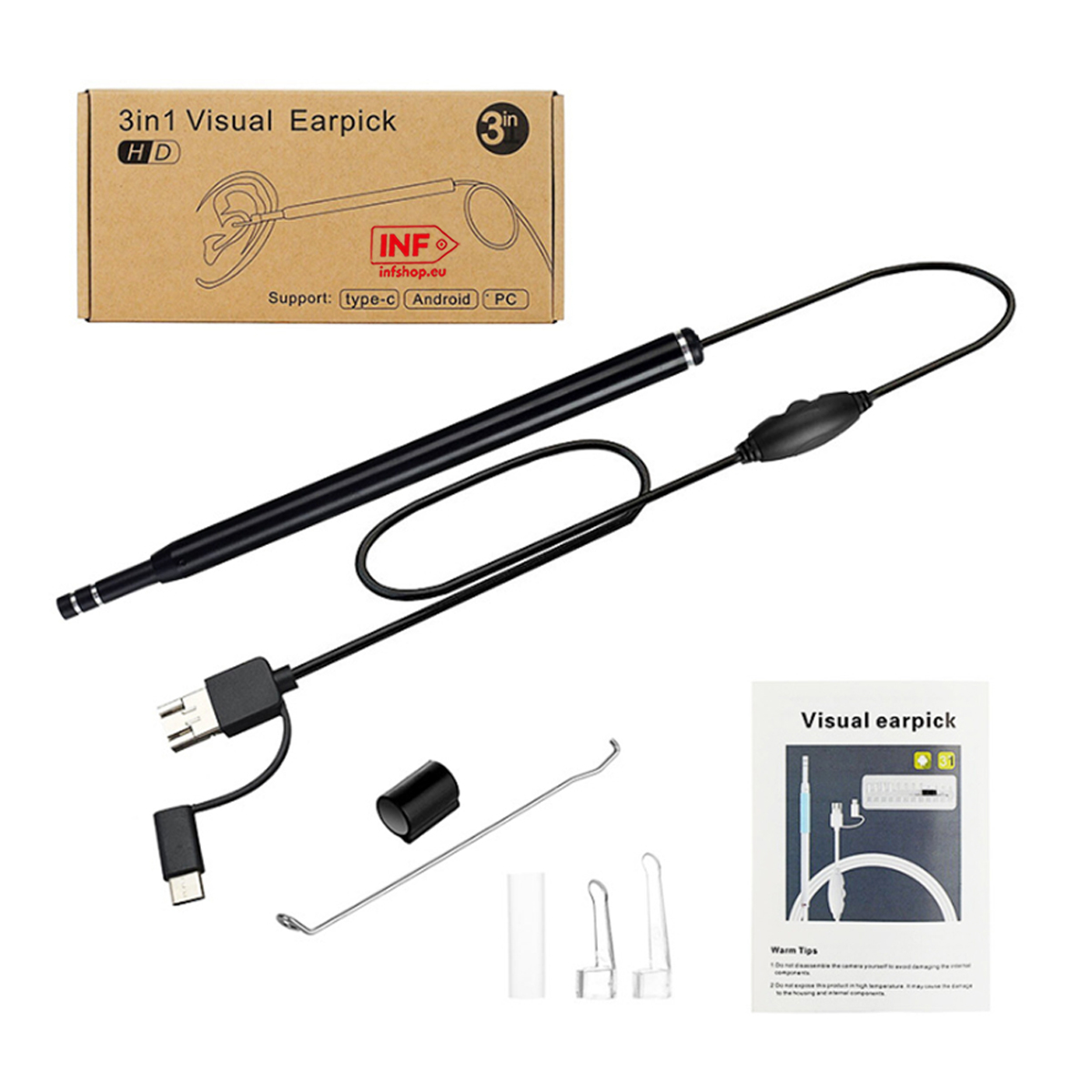 A 3-in-1 visual earpick with cable, USB-C connector, tools, and instructions.