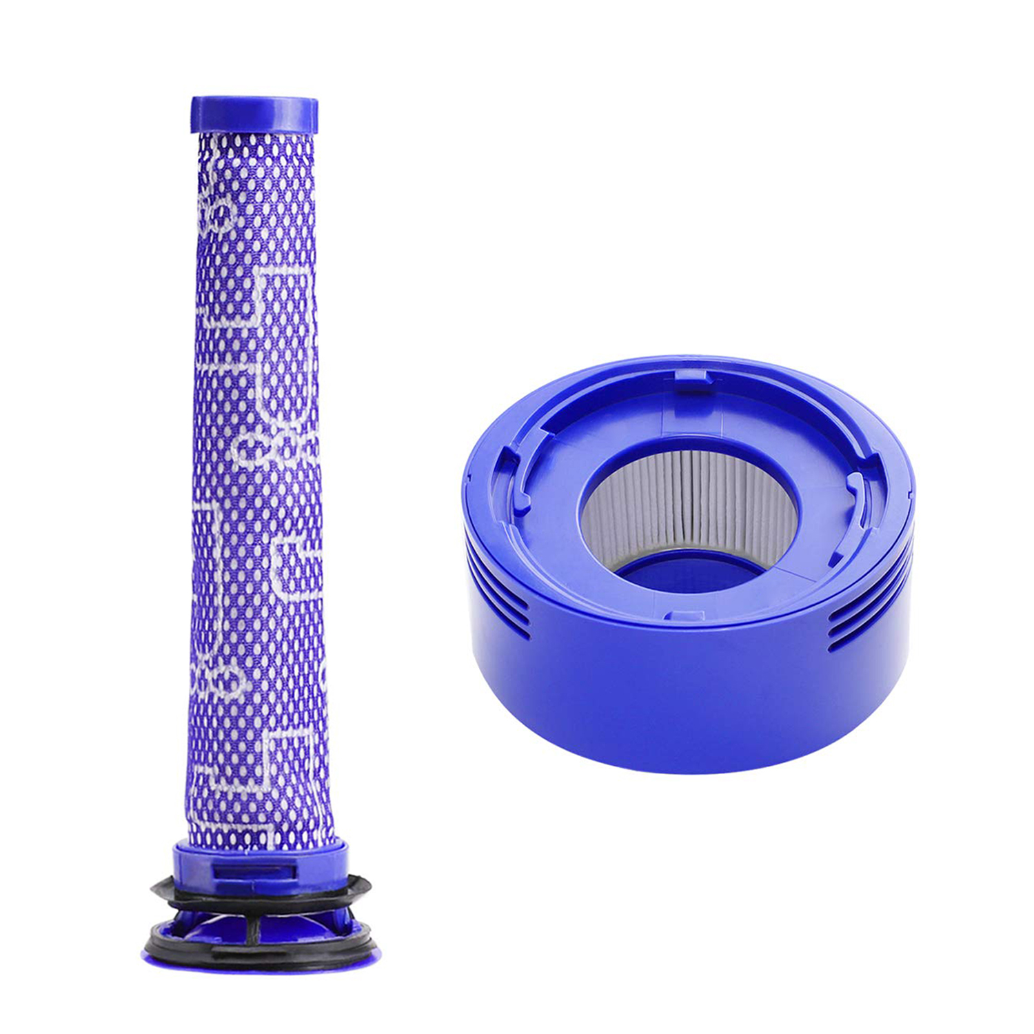 Dwa niebieskie filtry do odkurzacza: jeden cylindryczny, jeden okrągły z plisowanym elementem.