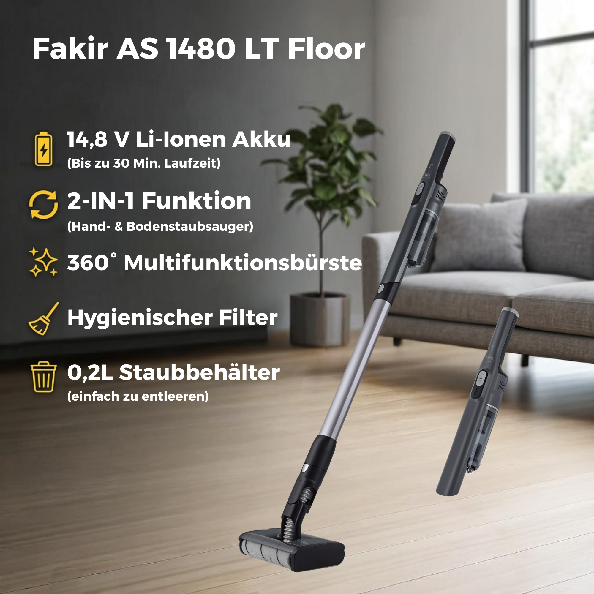 Fakir AS 1480 LT Bodenstaubsauger mit 14,8V Akku, 2-in-1 Funktion, 360° Bürste.