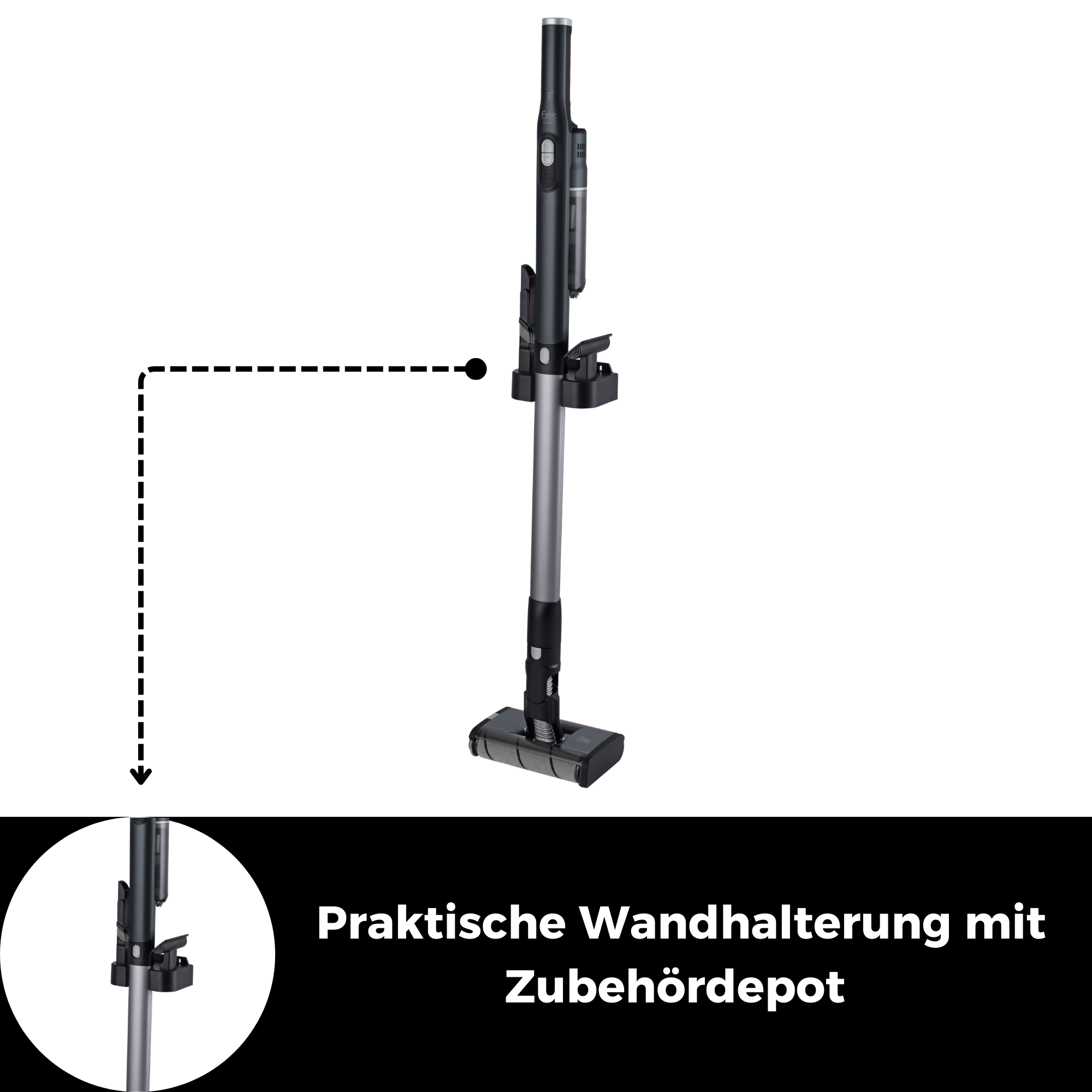 Dunkelgrauer Akku-Staubsauger mit Wandhalterung und Zubehördepot.