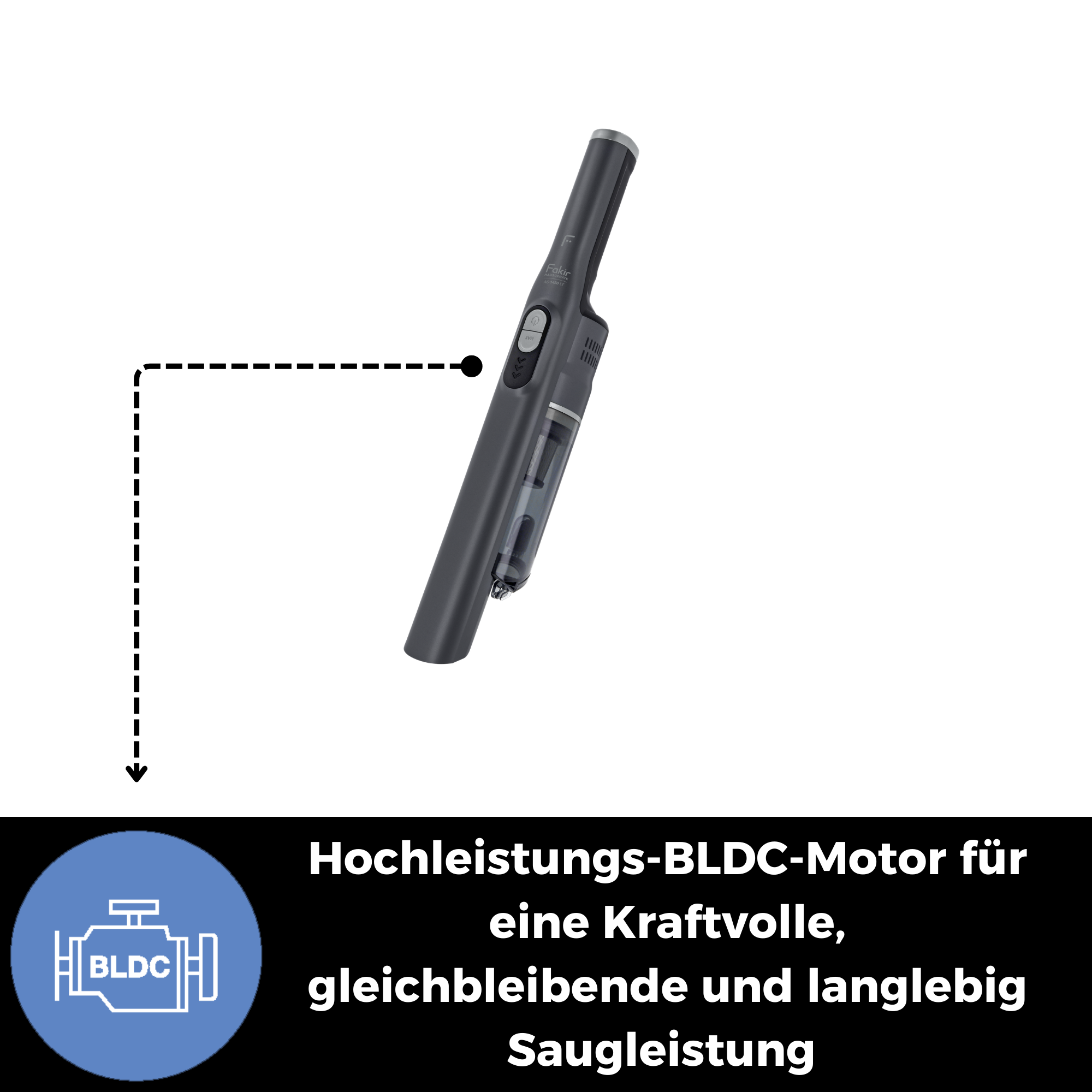 Ein dunkler Handstaubsauger mit BLDC-Motor-Symbol und Text.