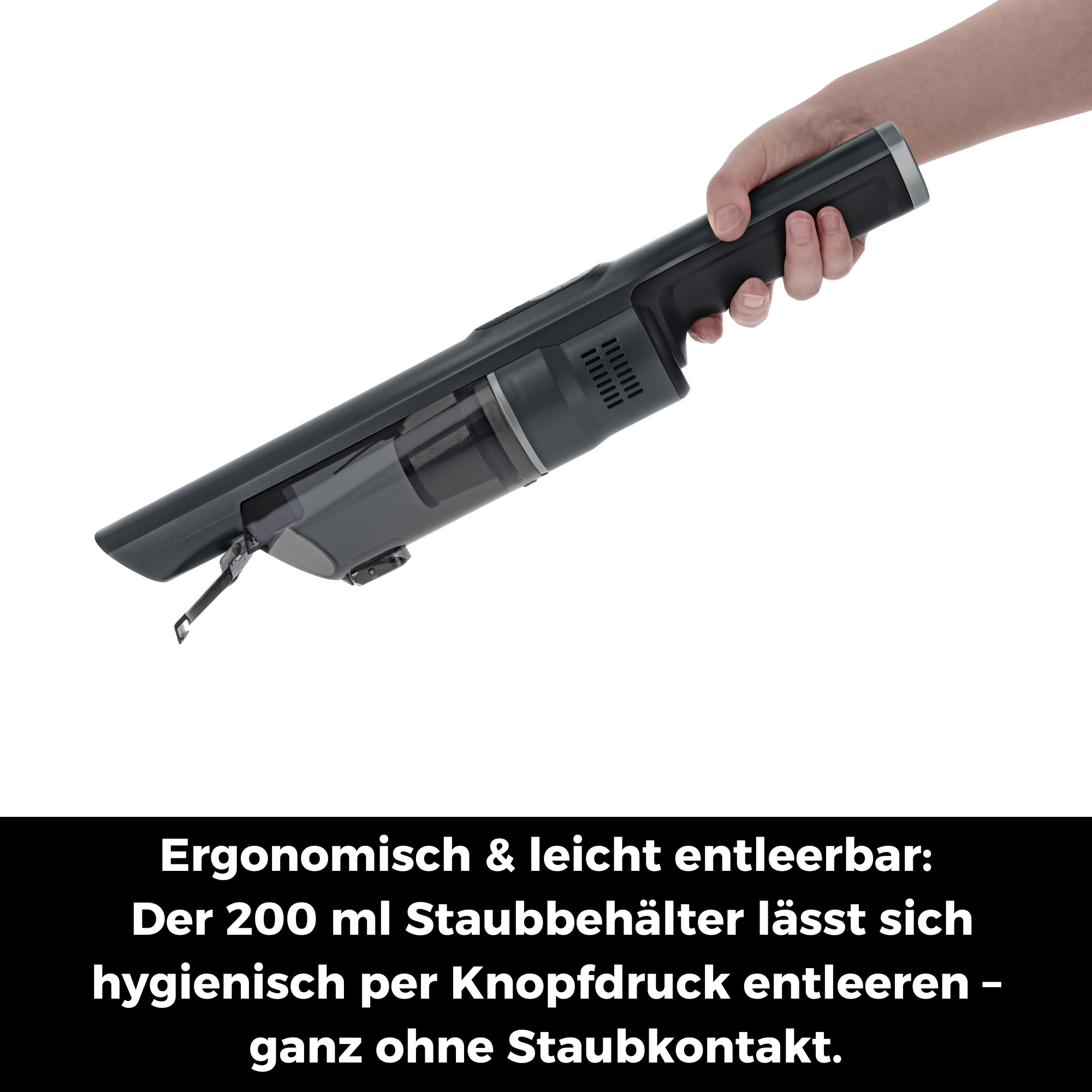 Hand hält schwarzen Handstaubsauger mit transparentem Behälter. Ergonomisch.