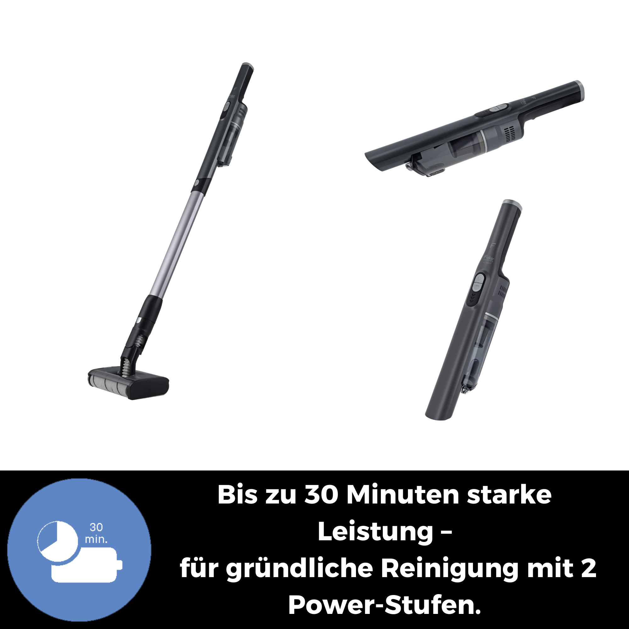 Ein dunkler Handstaubsauger mit silbernem Rohr und Bodendüse.