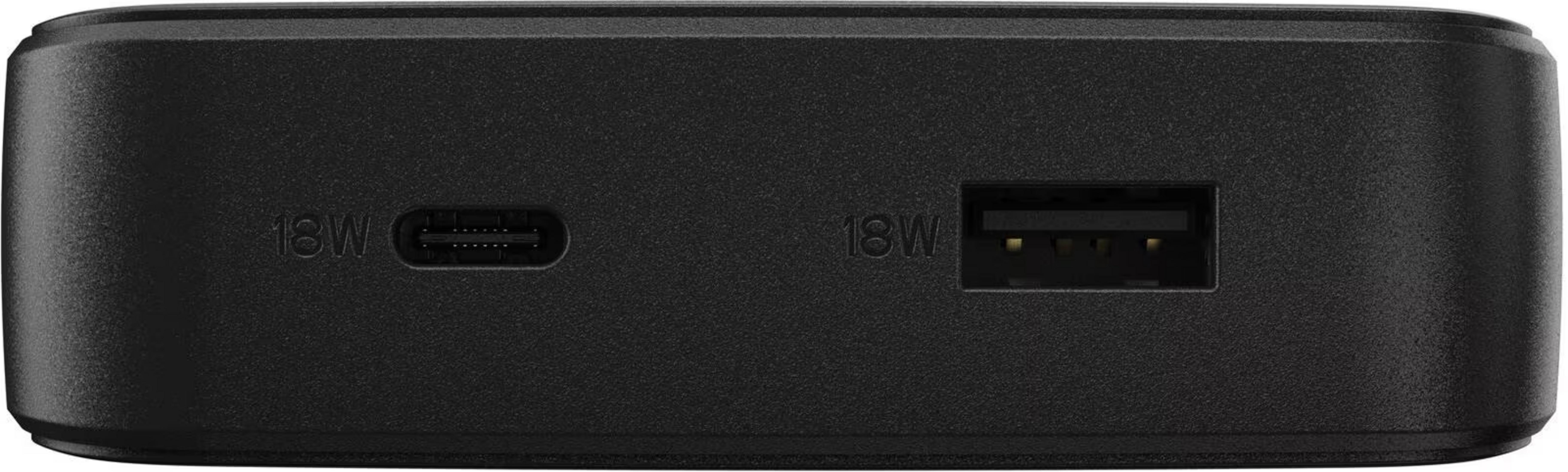 Caricabatterie nero con porte USB-C e USB-A, entrambe da 18W.