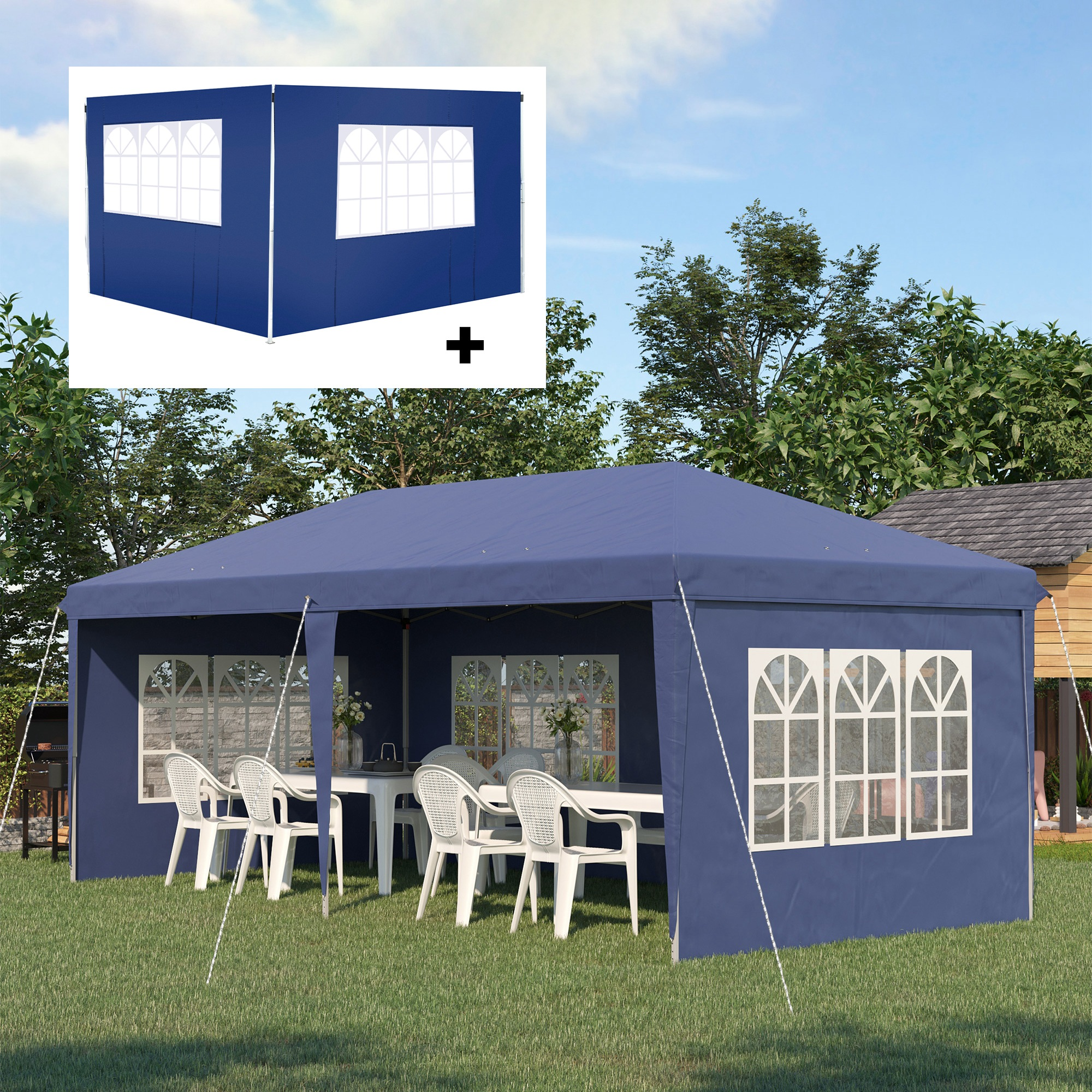 Una carpa azul oscuro con sillas blancas y una mesa sobre césped verde.