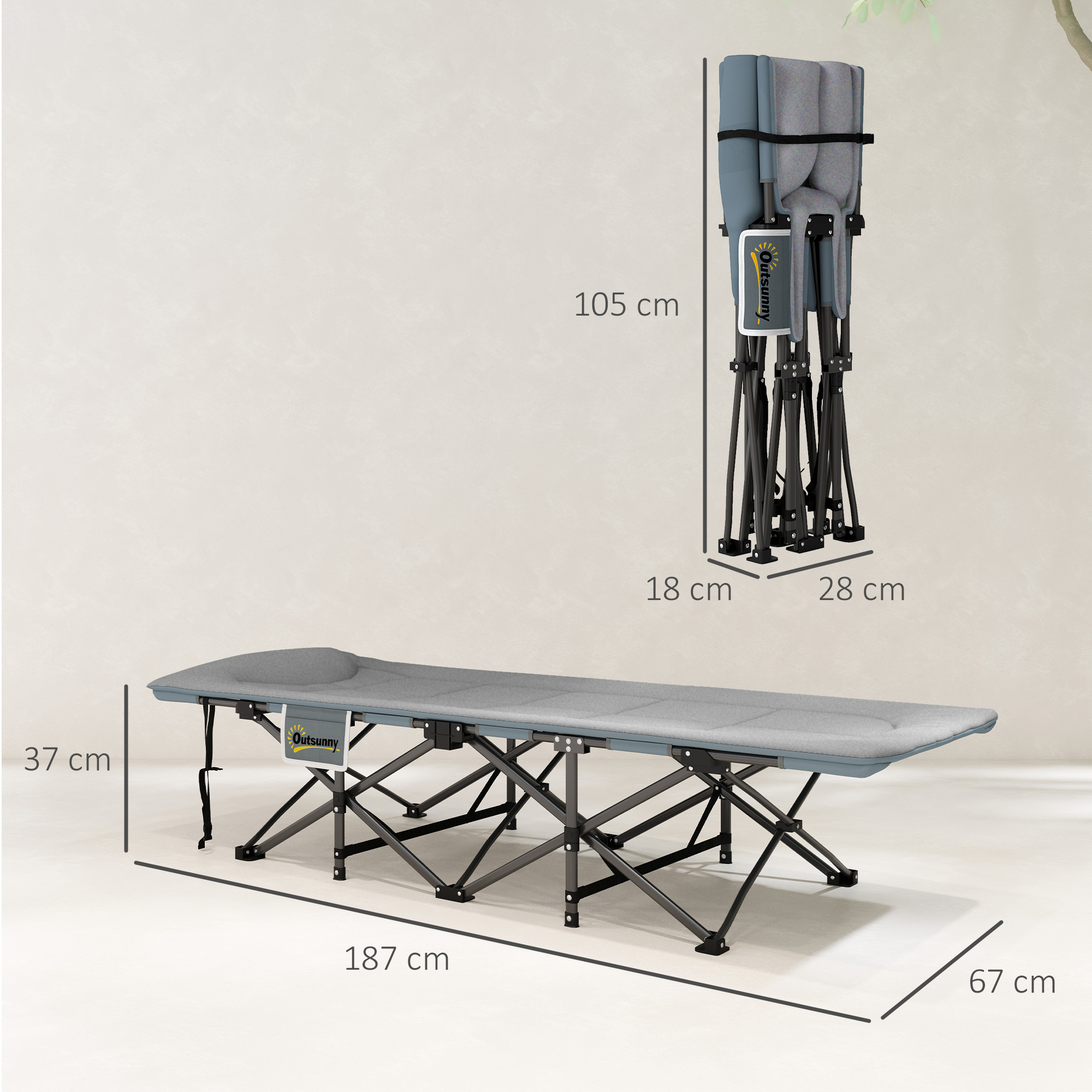 Cama plegable gris con estructura de metal, dimensiones indicadas.